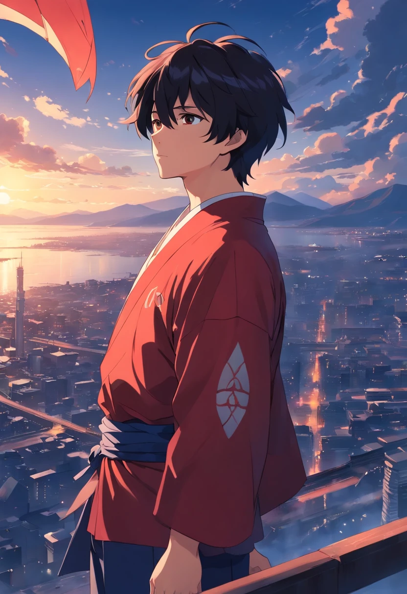 25 age old,Stoic man with short black hair, Melancholy eyes、the sky background、dark blue sky、Top angle of view、scowling、Dragon pattern、Red clothes、Strong body