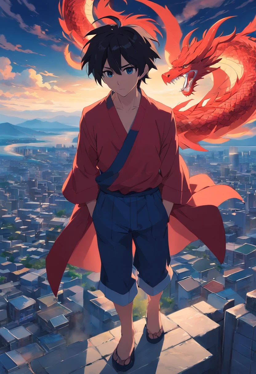 25 age old,Stoic man with short black hair, Melancholy eyes、the sky background、dark blue sky、Top angle of view、scowling、Dragon pattern、Red clothes、Strong body
