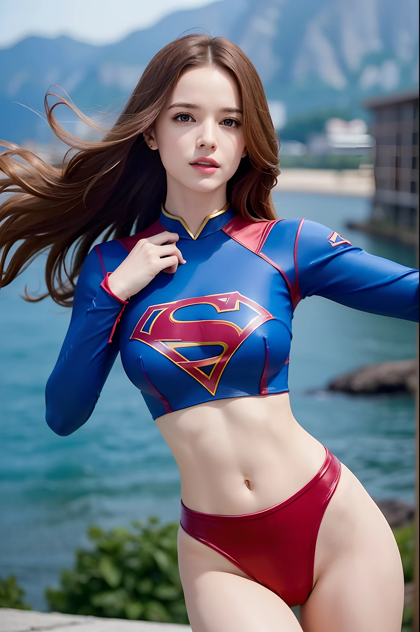 Danielle Panabaker, she's in Supergirl, uniforme realista, foto de corpo inteiro. Fundo desfocado, capa vermelha, she's perfect, seios grandes, pernas firmes e duas. foto de corpo inteiro, 45th sunlight, Your hair is blowing in the wind.