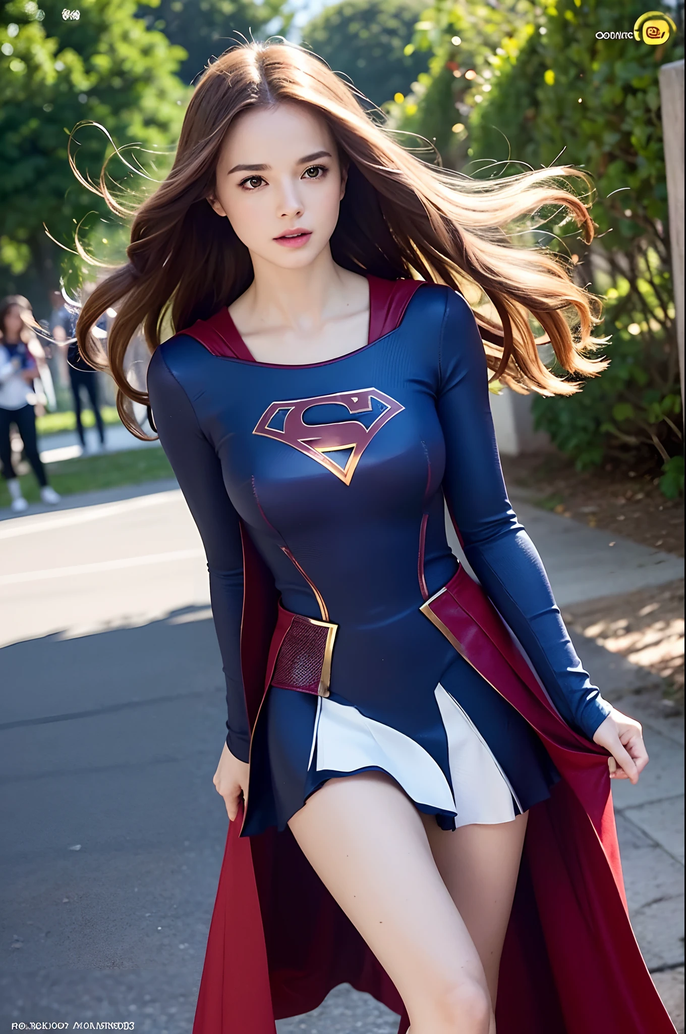 Danielle Panabaker, she's in Supergirl, uniforme realista, foto de corpo inteiro. Fundo desfocado, capa vermelha, she's perfect, seios grandes, pernas firmes e duas. foto de corpo inteiro, 45th sunlight, Your hair is blowing in the wind.