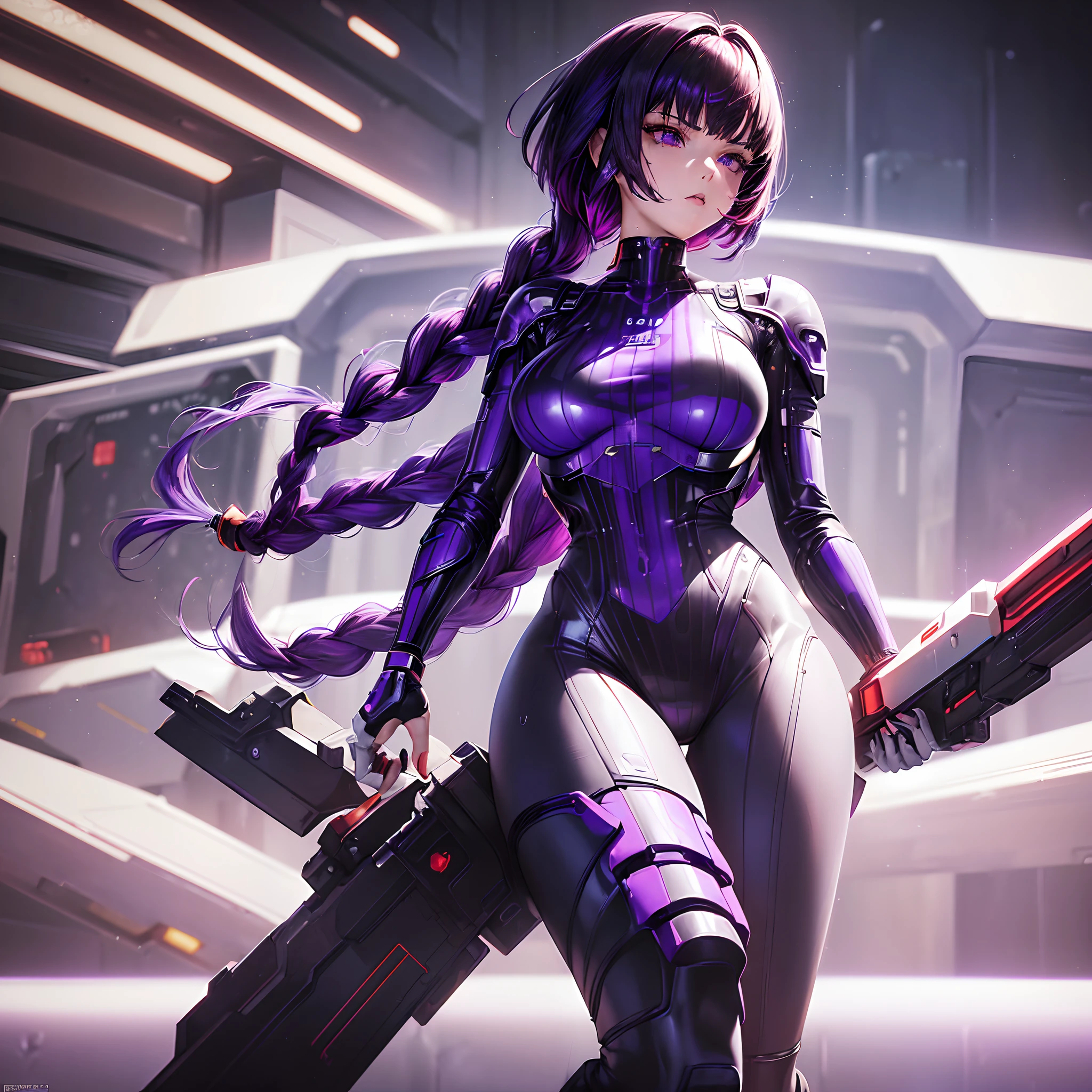(18 year old woman, short black haircut red and purple hair tips, (futuristic bodysuit, clear panel, seductive, white and purple), (25 year old woman long red braided hair,futuristic bodysuit white and gold, clear panel, seductive), full body, spaceport, futuristic gun, raining, realistic, ultra high quality, wet