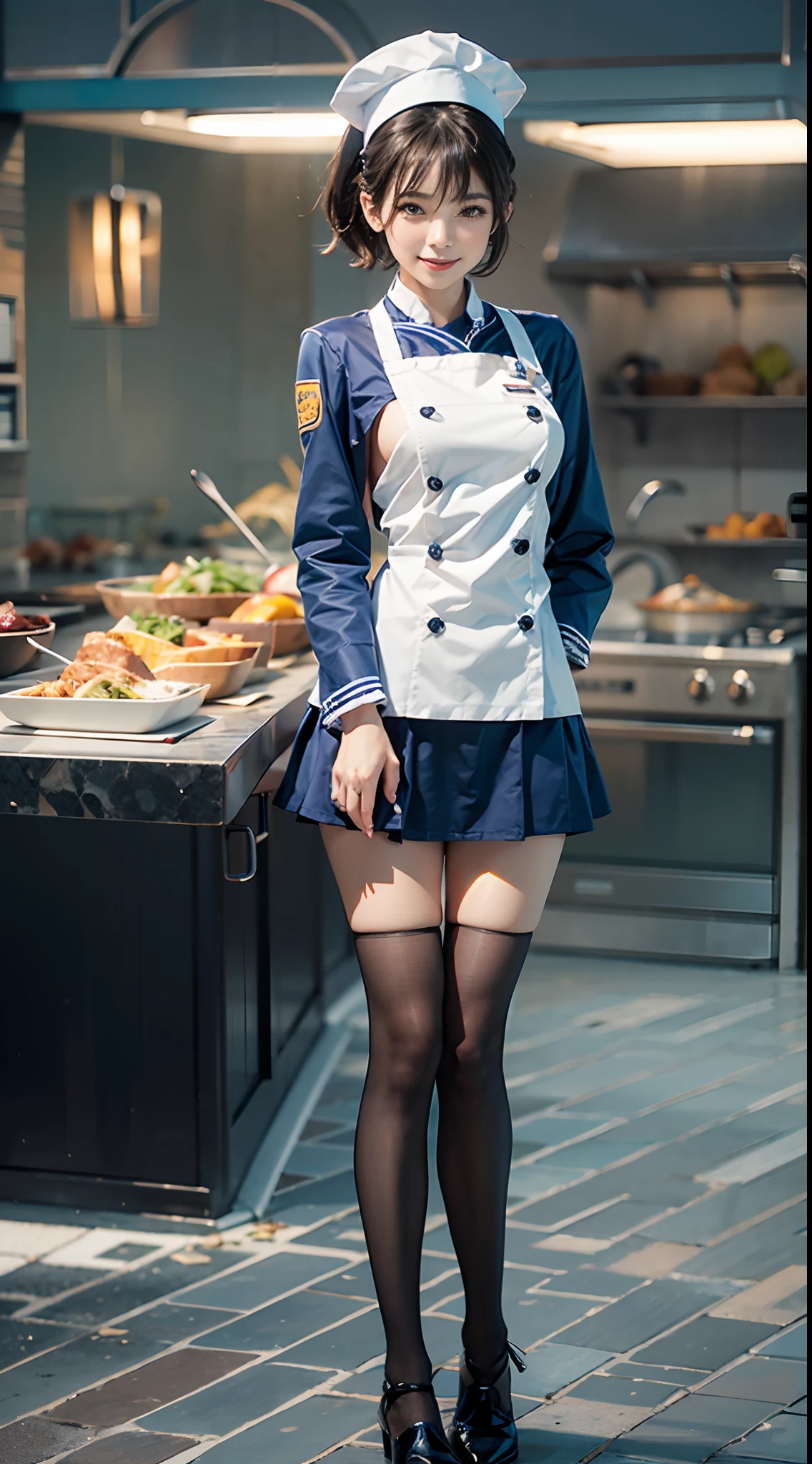 (The to the FW), 1womanl, Solo, 24 year old, 7headed body, (cute face), (Ideal ratio body proportions), ((Composition from head to thigh)), resturant, (((Cook Uniform))), erectile nipple, Sexy body, Wet, Smiling smile, short-hair, Dark hair, small tits, A slender, Small buttocks, beauty legs, Skinny Legs, surrealism, Cinematic lighting, depth of fields, One-person viewpoint, F/1.8, 135 mm, nffsw, masutepiece, ccurate, ((Anatomically correct)), Textured skin, Super Detail, high details, High quality, awardwinning, Best Quality, hight resolution, 8K