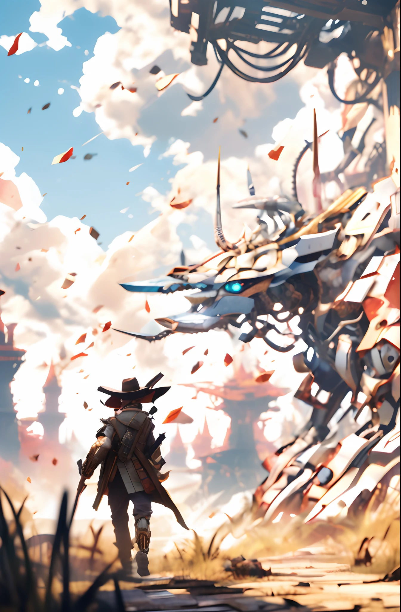 Amidst a stark, windswept landscape, The Stranger stands, a lone figure against the backdrop of an otherworldly horizon. The setting sun casts an eerie, blood-orange glow, painting the sky with hues of crimson and indigo.
The Stranger is a silhouette of rugged elegance and technological prowess. Clad in a long, tattered duster coat, it billows dramatically in the gusts of wind, creating an aura of untamed power. The coat, a weathered canvas of muted earth tones, bears the scars of countless battles.
Beneath the coat, a high-collared vest of deep, worn leather accentuates The Stranger's lean, robotic frame. Cogs, gears, and brass accents gleam through tears and patches, hinting at a history of modifications and enhancements.
The face of The Stranger is a symphony of contrasts. Half-human, half-android, it possesses an enigmatic allure. A broad-brimmed hat casts a shadow over the upper half of the face, shrouding the eyes in mystery. Only a sliver of piercing blue light from the artificial eye beneath the brim breaks the darkness, glinting with a fierce determination.
The lower half of the face remains uncovered, revealing a sculpted jawline and a hint of a mechanical mouth, poised in an eternal, stern resolve. Scratches and scars mar the surface, a testament to battles fought and won.
The Stranger's mechanical arm, encased in polished chrome, gleams like a polished relic of the future. It extends with a menacing elegance, fingers curled around the grip of a futuristic six-shooter, its barrel pointed skyward.
In this moment of stillness, the wind ruffles the coat, and The Stranger stands, an enigmatic guardian of the desolate world, poised for action. The air crackles with an electrifying tension, and the silhouette of The Stranger against the surreal sunset sky tells a tale of power, mystery, and an unyielding spirit.
high detailed 3D ULTRA HD 8K