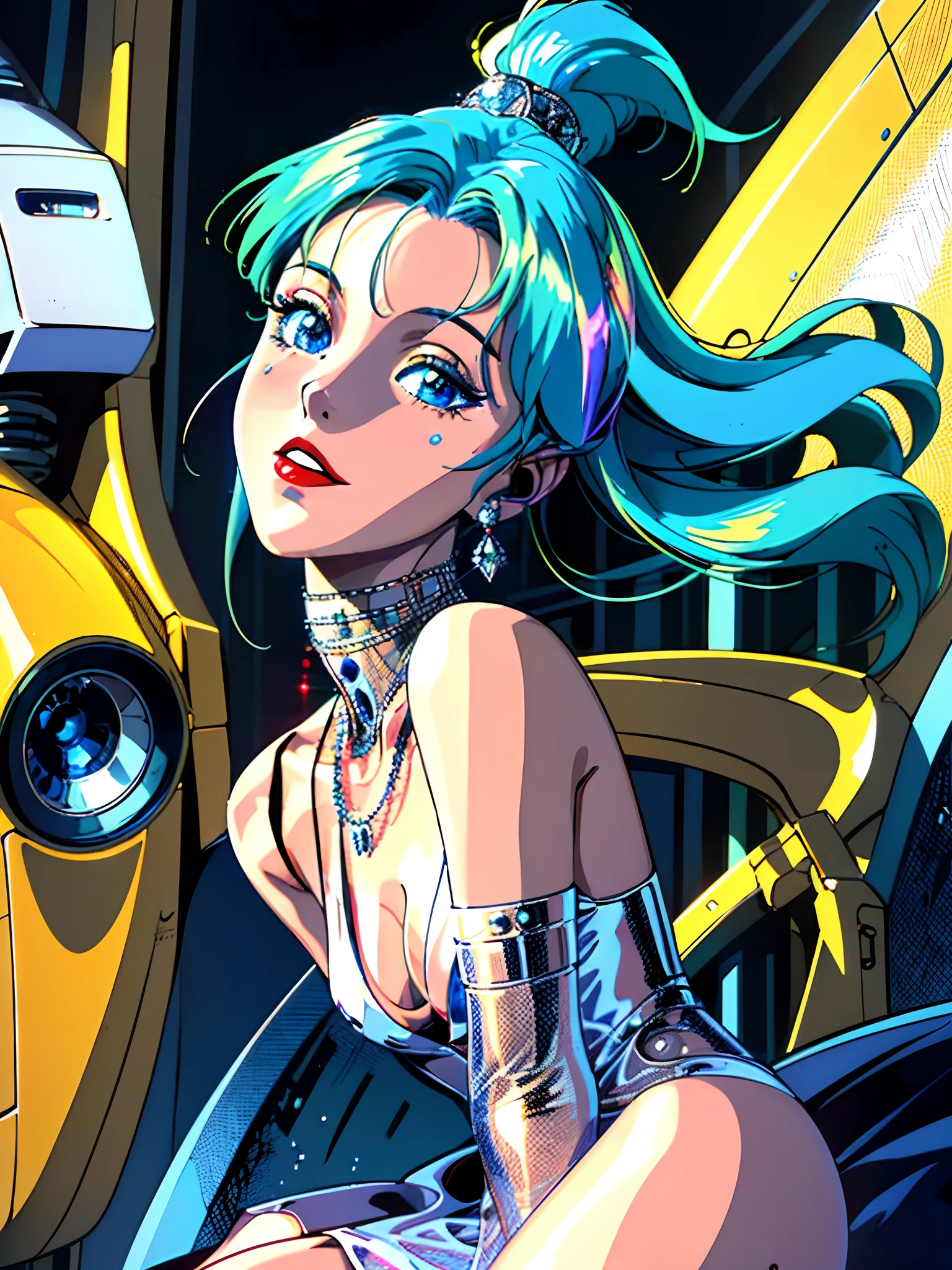 (elegant robotic) woman, (masterpiece), intricate details, retro, ((1999s anime)), ((best quality)), (bright colorful future city at night), (colorful cords) (radiant colorful) iridescent [holographic metal body], red antenna ear, iridescent metal, (diamond minimalistic) jewelry, (red lips), laser, thin, extremely detailed, covered, dynamic pose