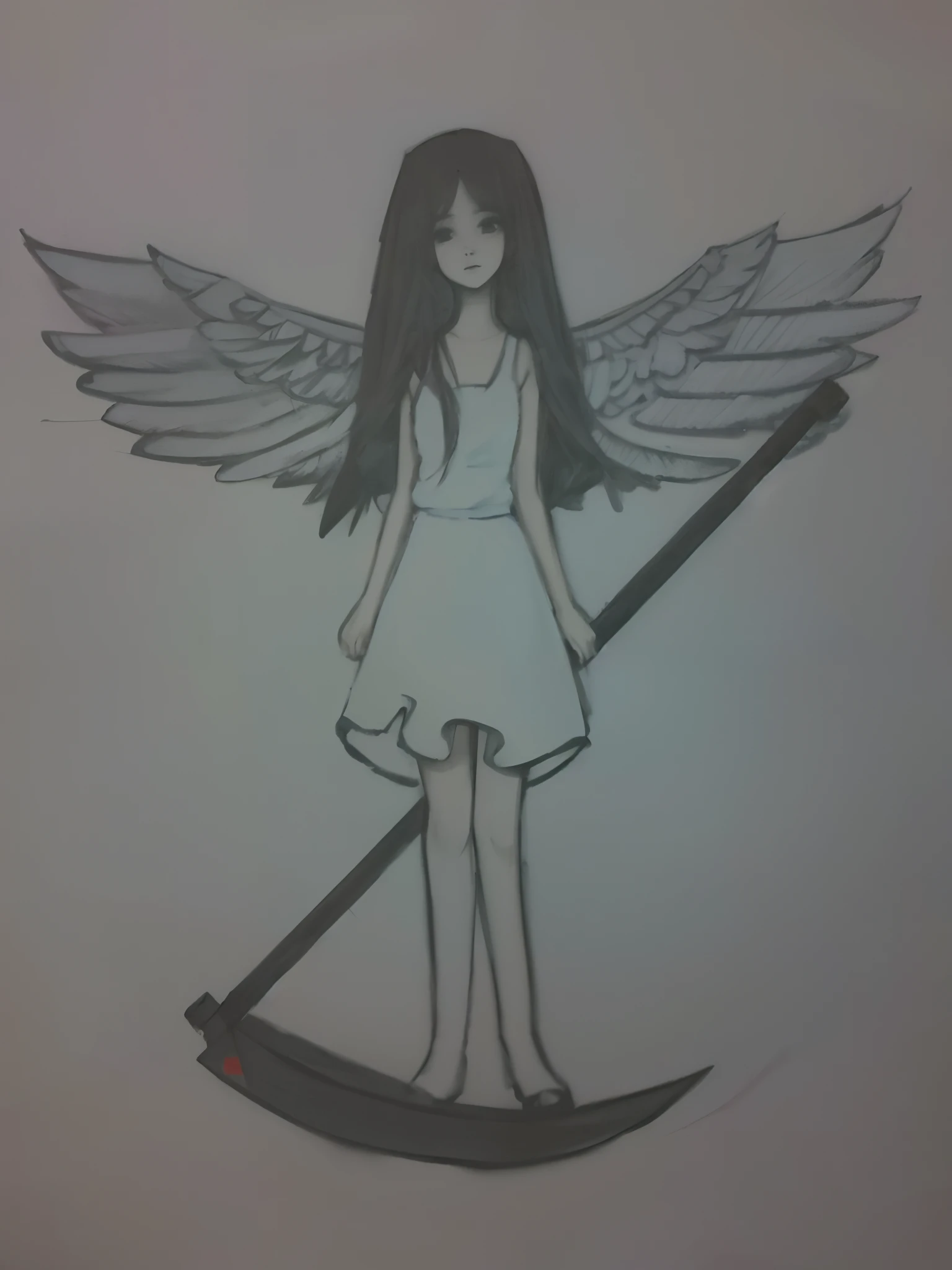 desenho de uma com asas segurando uma foice, O Anjo da Morte, meninajo, anjo da morte, sem sombreamento, angelic, humano alado, menina do cao do anjo, alado, anjo da menina alada, possnte um anjo, inspirado em Jin Homura, desenho desbotado, Fanart, angelic and unsettling, um desenho de anime, black wings instead of arms