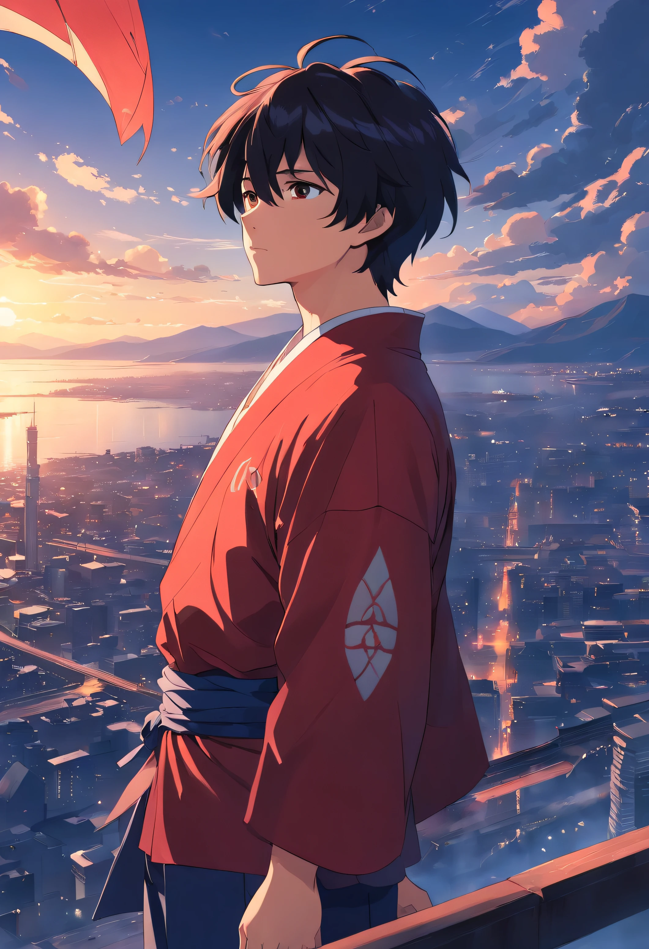 25 age old,Stoic man with short black hair, Melancholy eyes、the sky background、dark blue sky、Top angle of view、scowling、Dragon pattern、Red clothes、Strong body