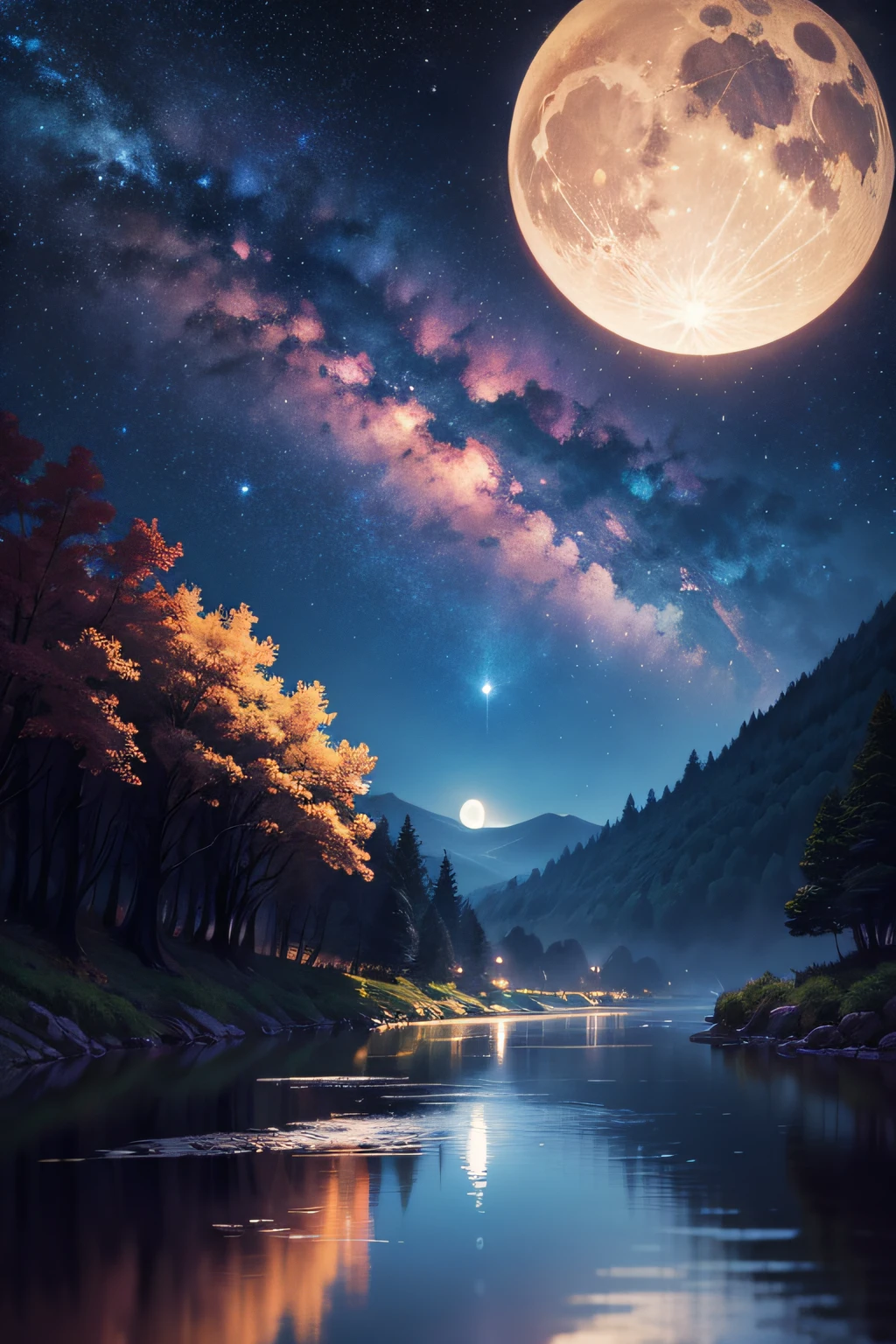 A painting of a river with stars and moon in the sky, concept art inspired by Tosa Mitsuoki, pixiv contest winner, best quality, fantasy art, beautiful anime scene, golden moon. A bright moon, starry sky environment under the moonlight, dream painting, anime background art, fantasy landscape art, dreamy night, anime background, background artwork, dreamy art, atmospheric anime, starry sky, details enhanced.