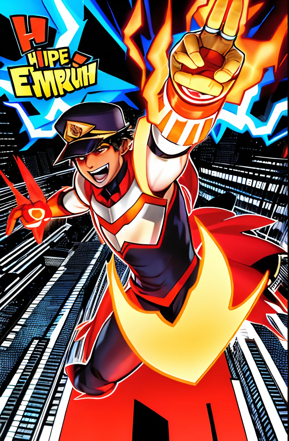 chico dominicano , moreno con trenzar y gorra con traje de super heroe , epic pose, Dominican hero,Plasma peculiar,illustration,Postura heroica,colores vibrantes,Medio:comic book style,Backlit hero,Entorno urbano,Luces brillantes de la ciudad,crepitus of electrical energy,Fiery explosion,humo ondulante,Crisp Details