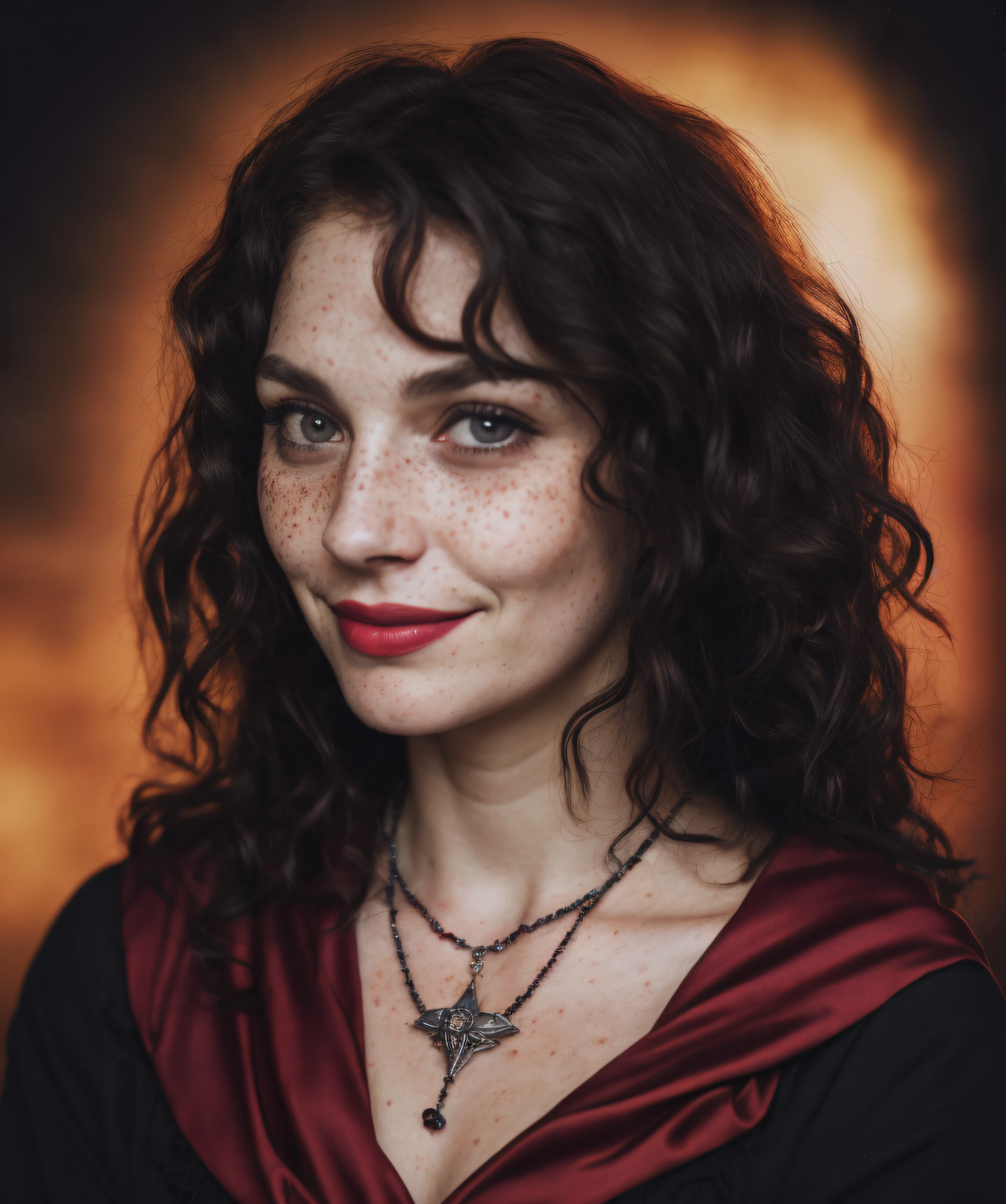 (close-up, editorial photograph of a 40 year old woman), (highly detailed face:1.4) (smile:0.7) (background inside dark, moody, private study:1.3) POV, by lee jeffries, nikon d850, film stock photograph ,4 kodak portra 400 ,camera f1.6 lens ,rich colors, hyper realistic ,lifelike texture, dramatic lighting , cinestill 800, wavy hair, messy hair, curls, smirk, malicious smile, mischeveous face, evil smile, black hair, black eyes, freckles, pale skin, jewels, necklace, thelema, goddess, Babalon, Lilith, goddess of magic, astral plane, scarlet woman, masterpiece, red blood cloak, cloak made of night sky, witchcraft, eclipse moon