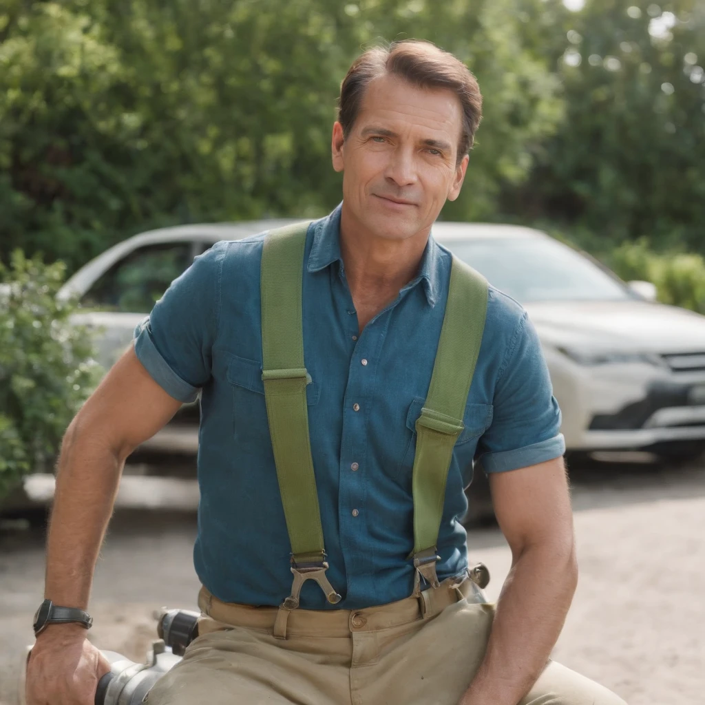 Middle-aged male egyption，brown  hair，Green short sleeves，Denim cargo suspenders，Wash with a Kärcher pressure washer，Washing yellow cement engineering vehicles on the moon