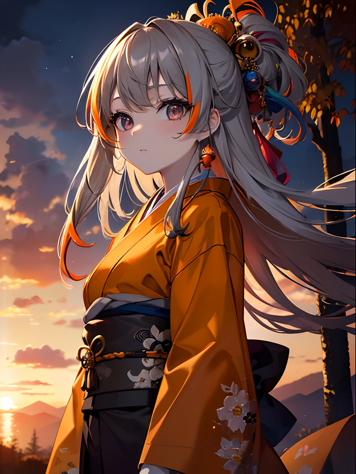 (Masterpiece, Best quality, ultra high resolution),1girl,(multicolored hair),beautiful and detailed face, detailed eyes,(grey theme yellow orange brown),sunset,in the magic forest,orange kimono