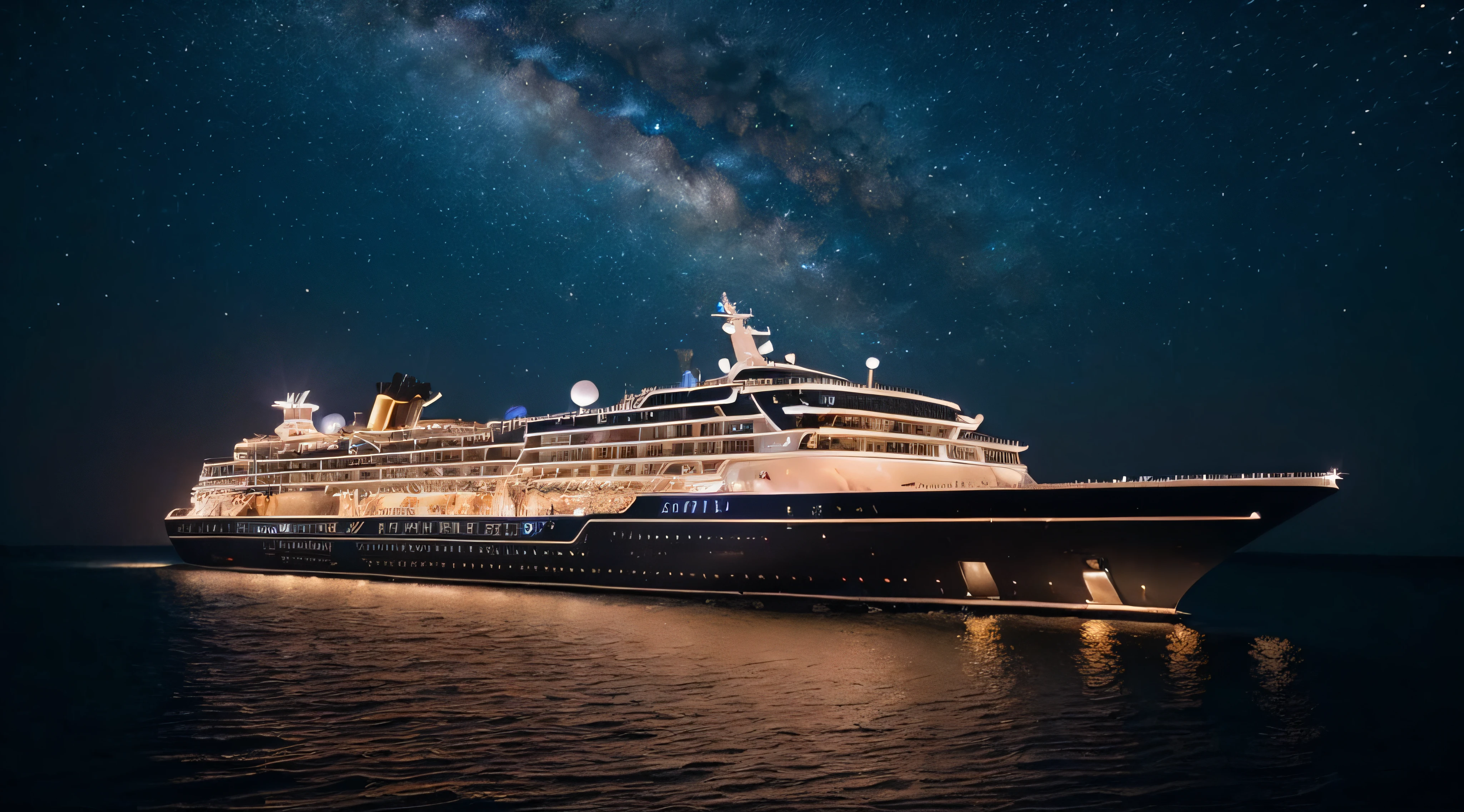 (((Superb view))),((masterpiece,top-quality,16 K)),Luxury liner,das boot,ship on the sea,Ultra detailed view,Super luxury liner,natta,Romantic illumination,night sky full of stars,