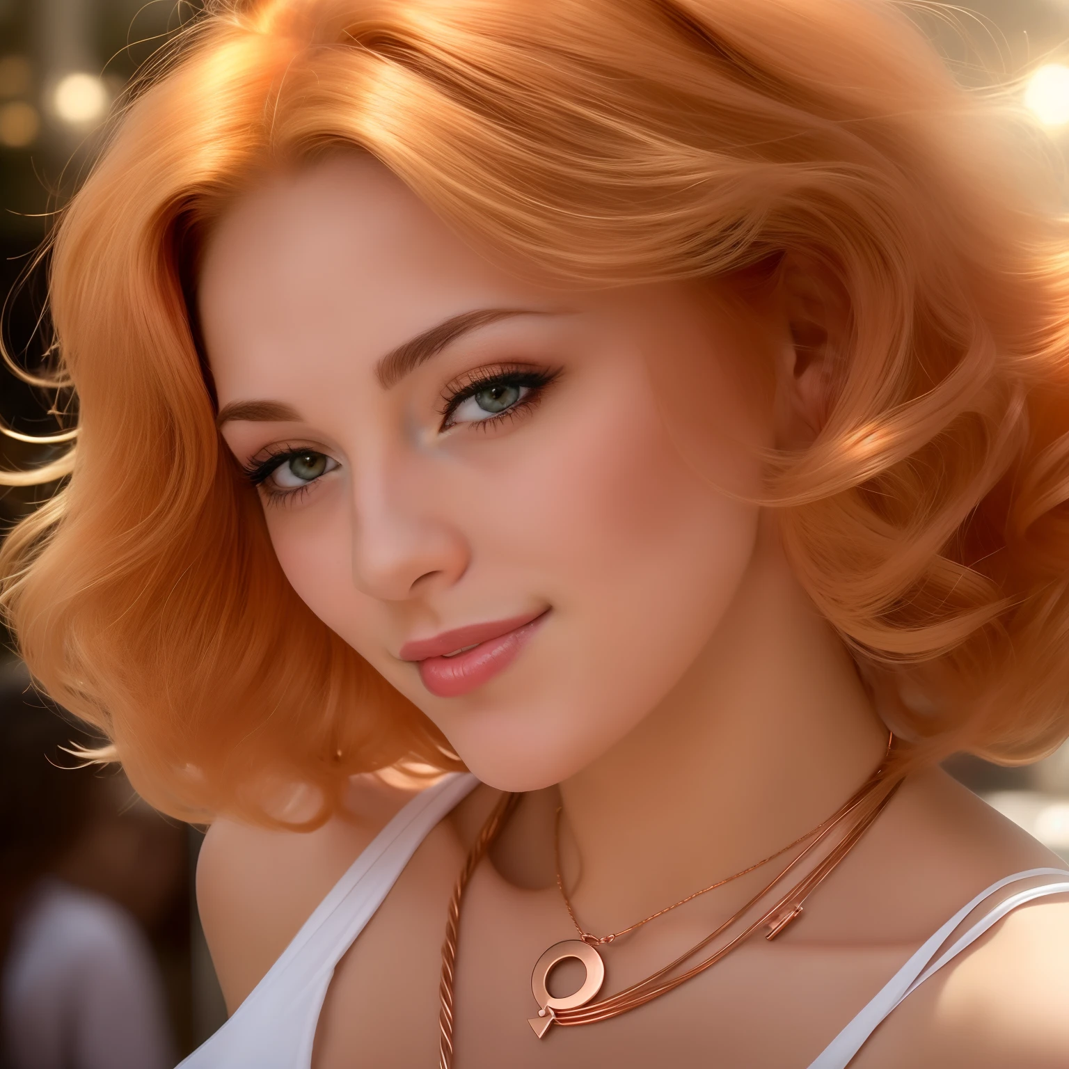 (Mature and realistic portrayal:1.2) Sailor Moon (copper blonde hair) returns to the initially crowded street, this time surrounded by people who now notice her. The pendant, which once represented her awakening, begins to float, pulsating with energy, as if it is drawing everyone closer to Serena. The video ends with Serena confidently embracing her magnetic passion, leaving the audience exhilarated and inspired.