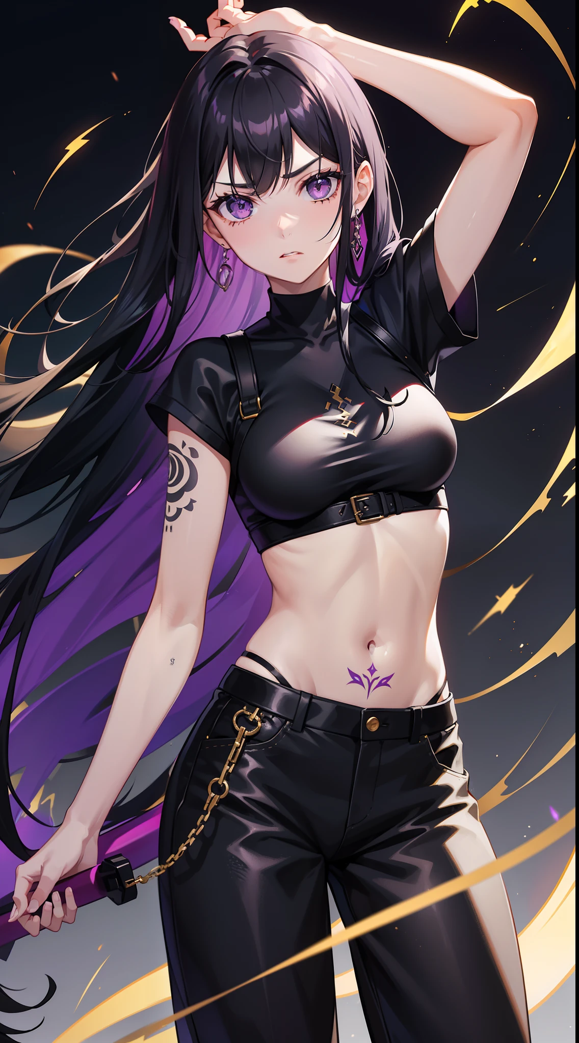 Reze tiene una figura bien proporcionada con un cuerpo voluptuoso, su piel es de tez clara. Ella es muy alta y esbelta, She has long black hair with purple tones in front of her waist with a few strands of hair framing her face up to her chin., dark blue eyes and voluminous eyelashes. 
En su cuello lleva una gargantilla con un alfiler de bomba que sobresale de un lado de su cuello. His clothing is a short sleeveless black shirt and he is wearing black pants..
Al estilo de One Piece