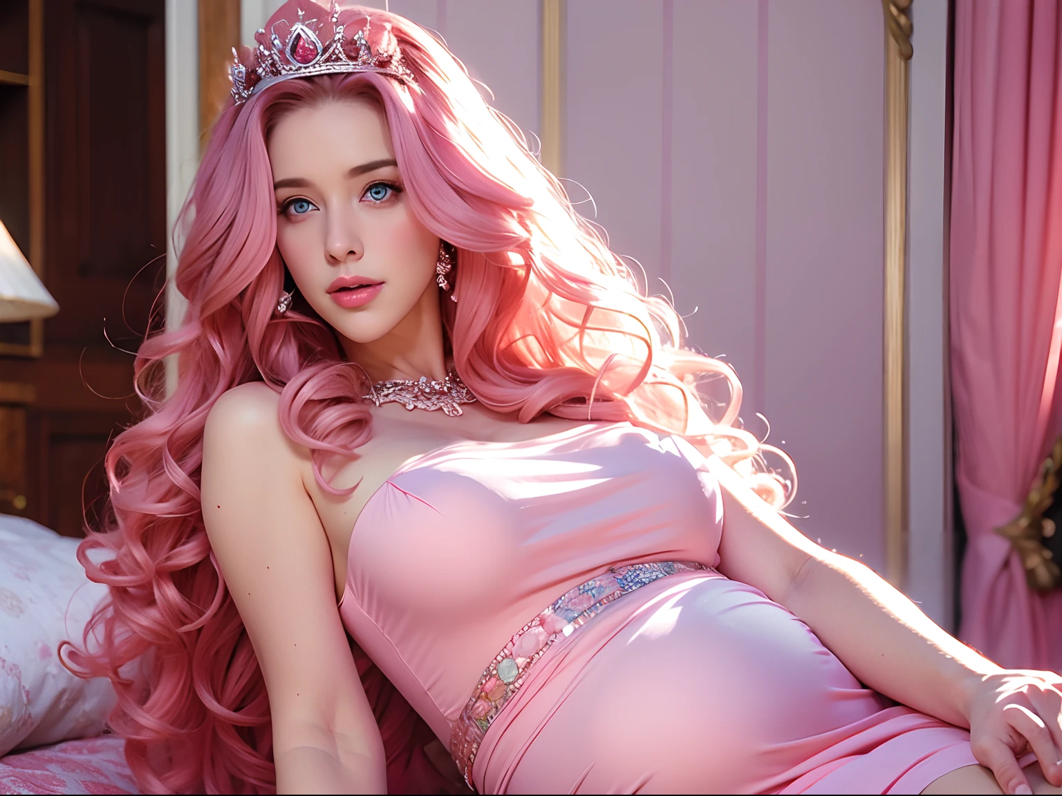 the Woman, long curly hair, pink hair, blue eyes, Queen, crown, sexy, Golden trousseau, throne, sitting on the throne, sexy, sensual