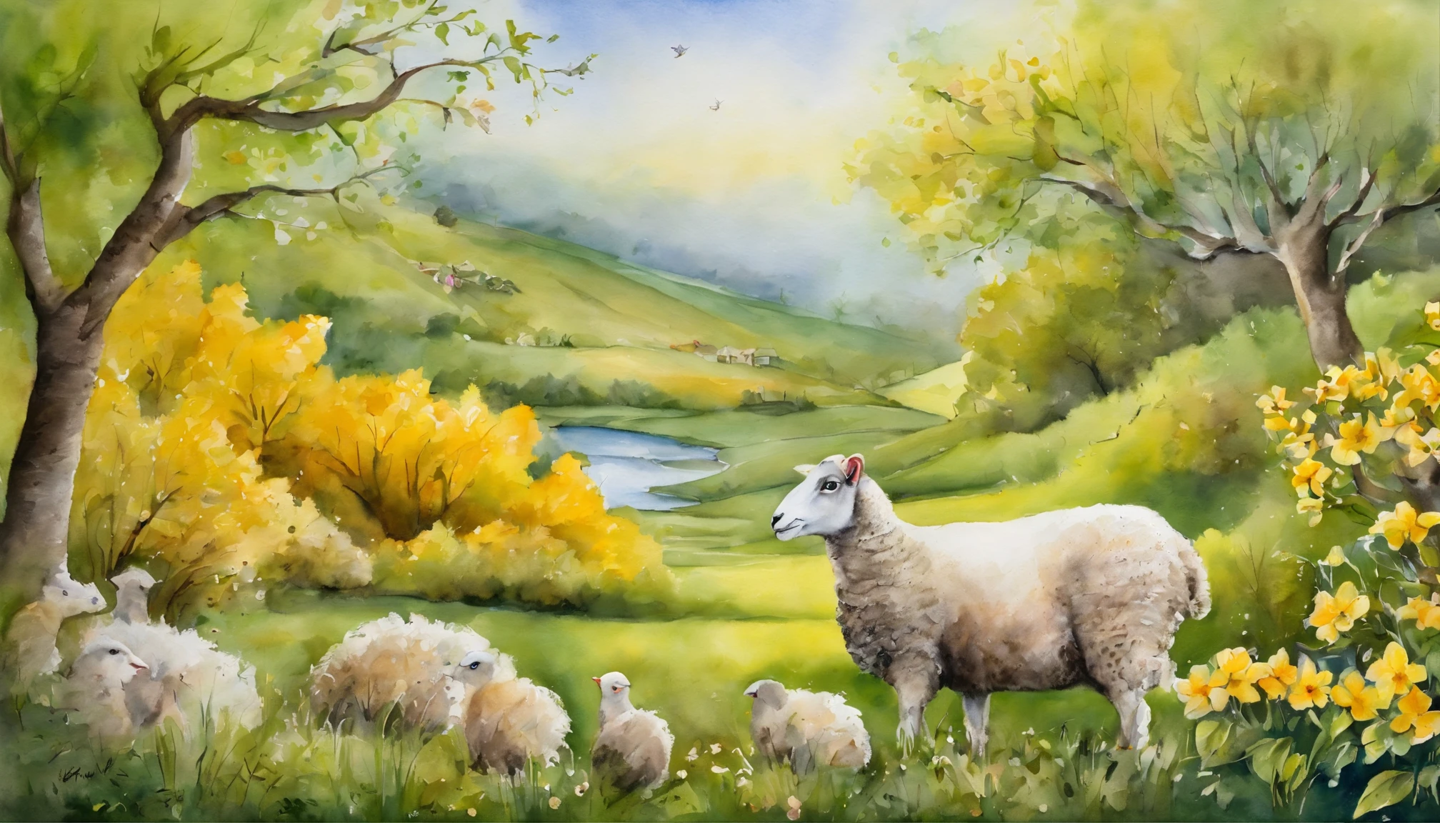 NATURE, sheep, dove, squirrels, landscape, yellow jasmine in full bloom, with vibrant petals and delicate green leaves.