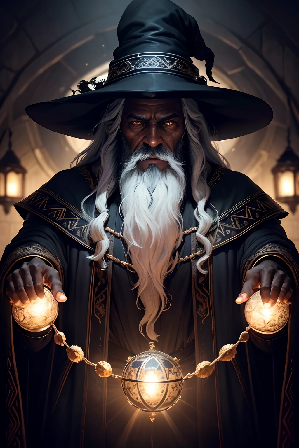 (Masterpiece: 1.2), (Best Quality), Detailed, UHD, Cinematic Lighting, Sharp Focus, (illustration: 1.1), Intricate, Old Wizard (black skin) (dark skin) (black skin color) with long white hair and beard, wearing a wizard's robe and hat, pondering a glowing orb, in a dimly lit room, magician's room, bright lights, flashing lights,