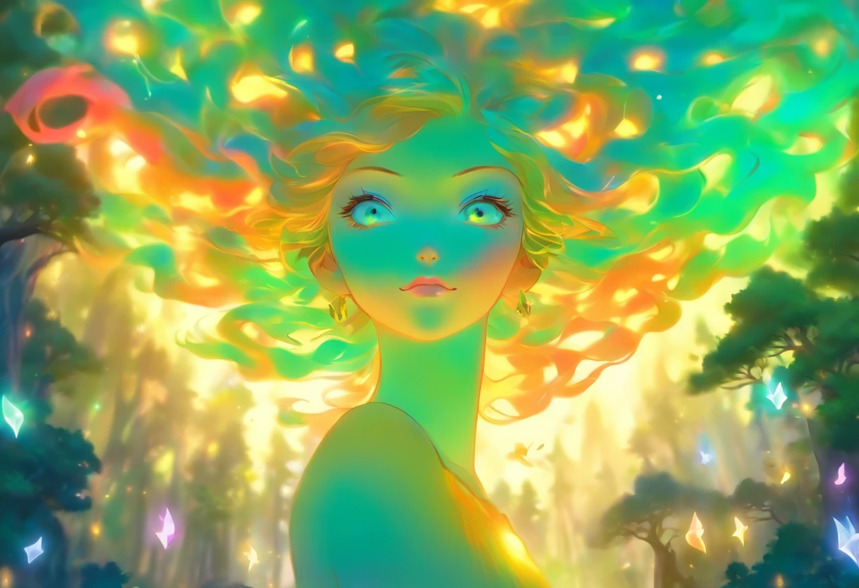 (best quality,highres,ultra-detailed),female with glowing teal eyes,rainbow colored hair,casting glowing spells,mystical forest,witch,goddess,medium:oil painting,beautiful detailed lips,dark and mysterious atmosphere,flowing gown,ethereal light,sorcery and magic,soothing calmness,inspiration from fantasy novels and mythology,enchanted creatures,peaceful and serene background,dream-like setting,vibrant colors and rich textures,creation surrounded by nature,whimsical and mystical elements,harmonious and enchanting ambiance,luminous glow of the spells,graceful and powerful posture,alluring and captivating aura,eyes shining with ancient wisdom,transformation and metamorphosis,unveiling the hidden mysteries of the forest,otherworldly energy and power,feminine strength and elegance,dark and vibrant color palette,soft and delicate brush strokes,exquisite attention to detail,revealing the power of nature and its delicate balance,awakening the mystical connection between humans and the natural world,bringing forth the hidden beauty and secrets of the forest,transcending reality and entering a realm of enchantment and wonder.