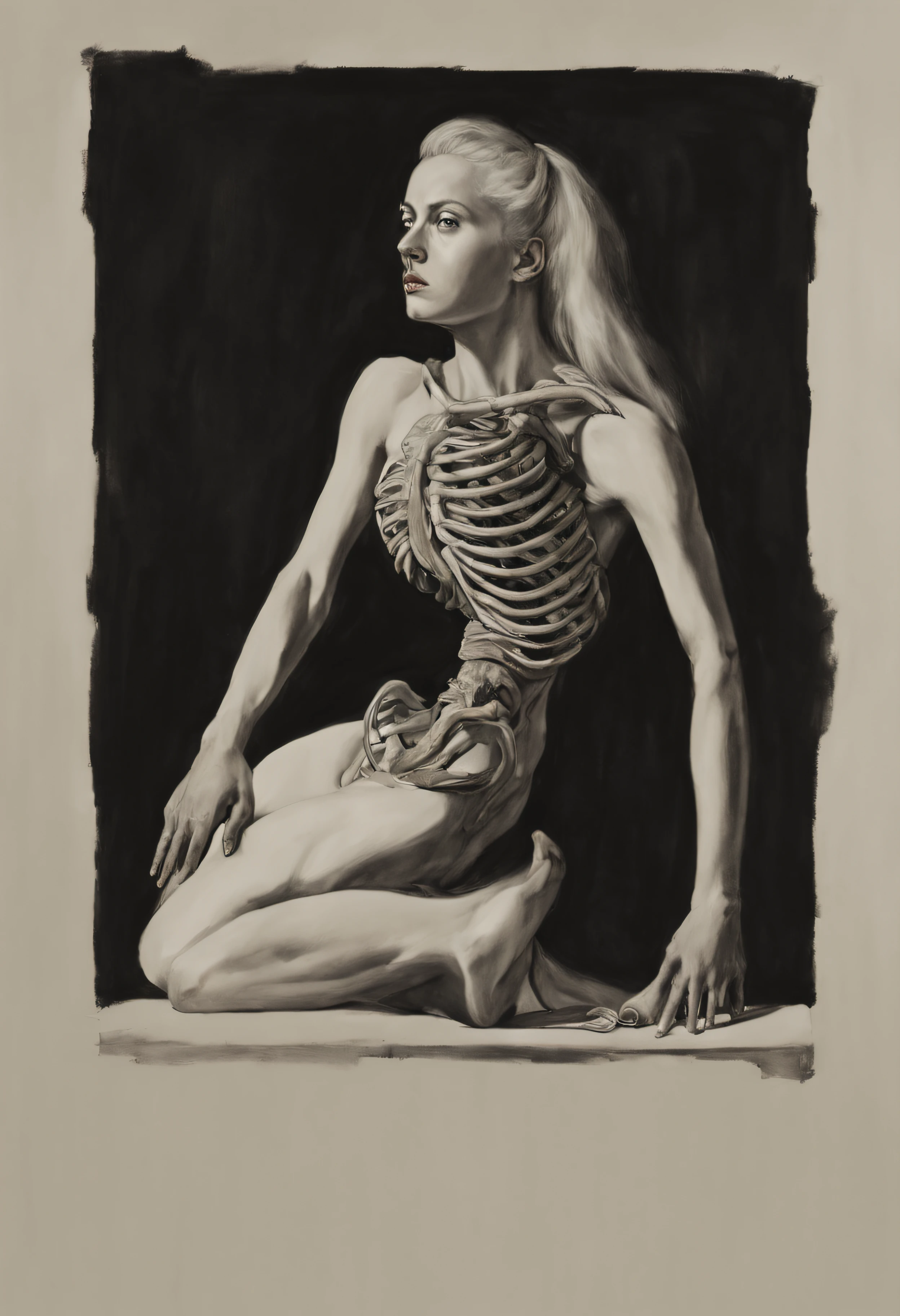 "(The best lighting, alto contraste, oscuro, dramatic),(Chica rubia junto a una cabra negra gigante, Open the rib cage, feto, autopsia, huesos humanos, sangre por las paredes). Luz Caravaggio"