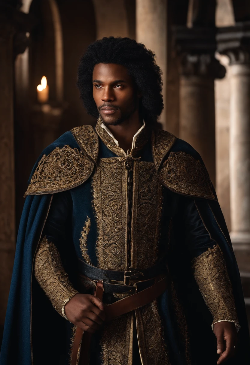 Crie um personagem jovem de 25 anos, negro, com vestes nobres medievais, that conveys the feeling of nobility and power with a firm and confident gaze. (PT Prompt)