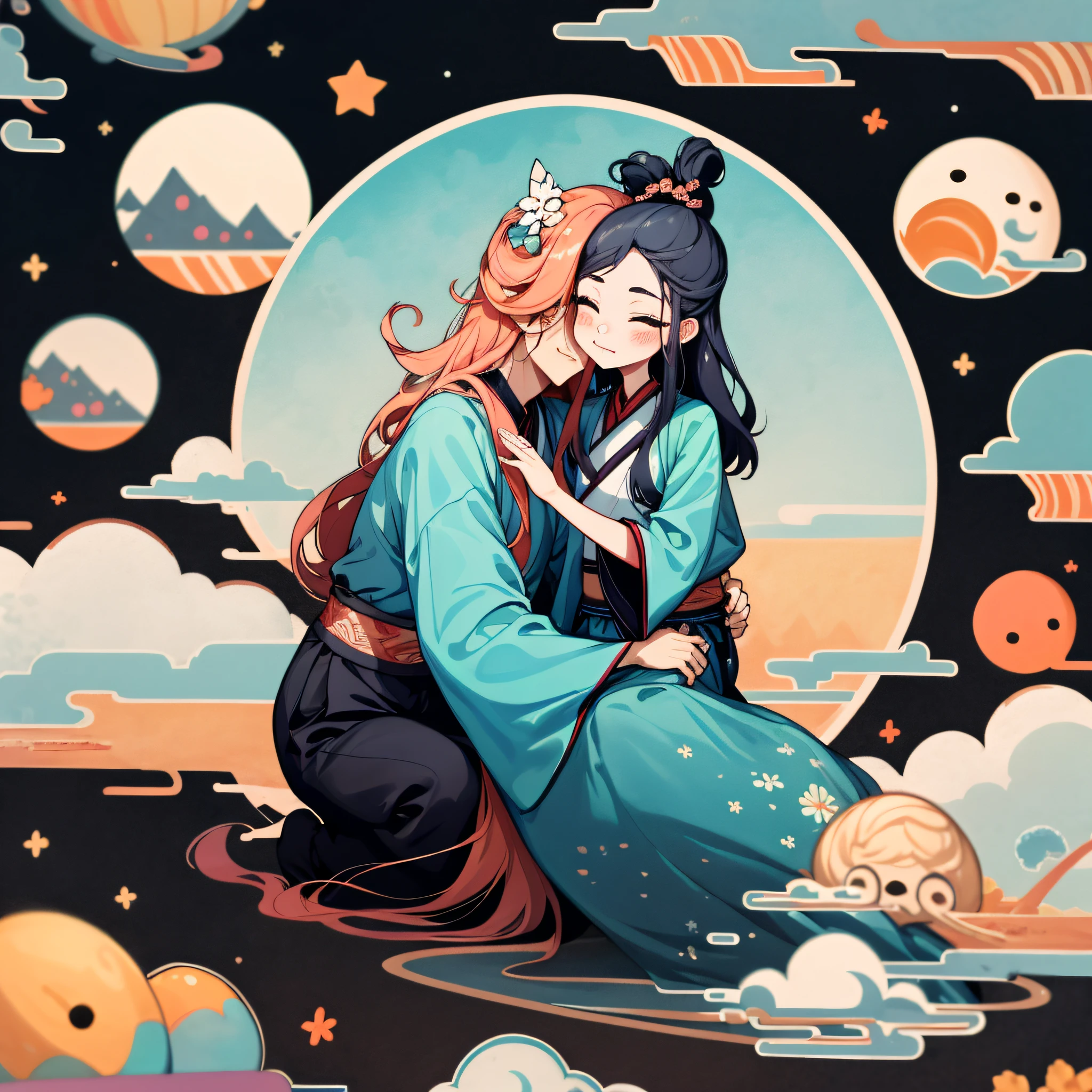1adesivo，folha de adesivos， China-style，（Lovely man），(Hanfu lindo)，（Gorgeous hair decoration），（Traditional Chinese hairstyle），A flor de ameixa，nuvem，Behind it is a huge round moon，Estrelas， Backgroung branco， nada de fundo， Backgound simples， Min， Carinhoso， pequeno， Cores silenciadas， estilo vetorial， sem gradiente