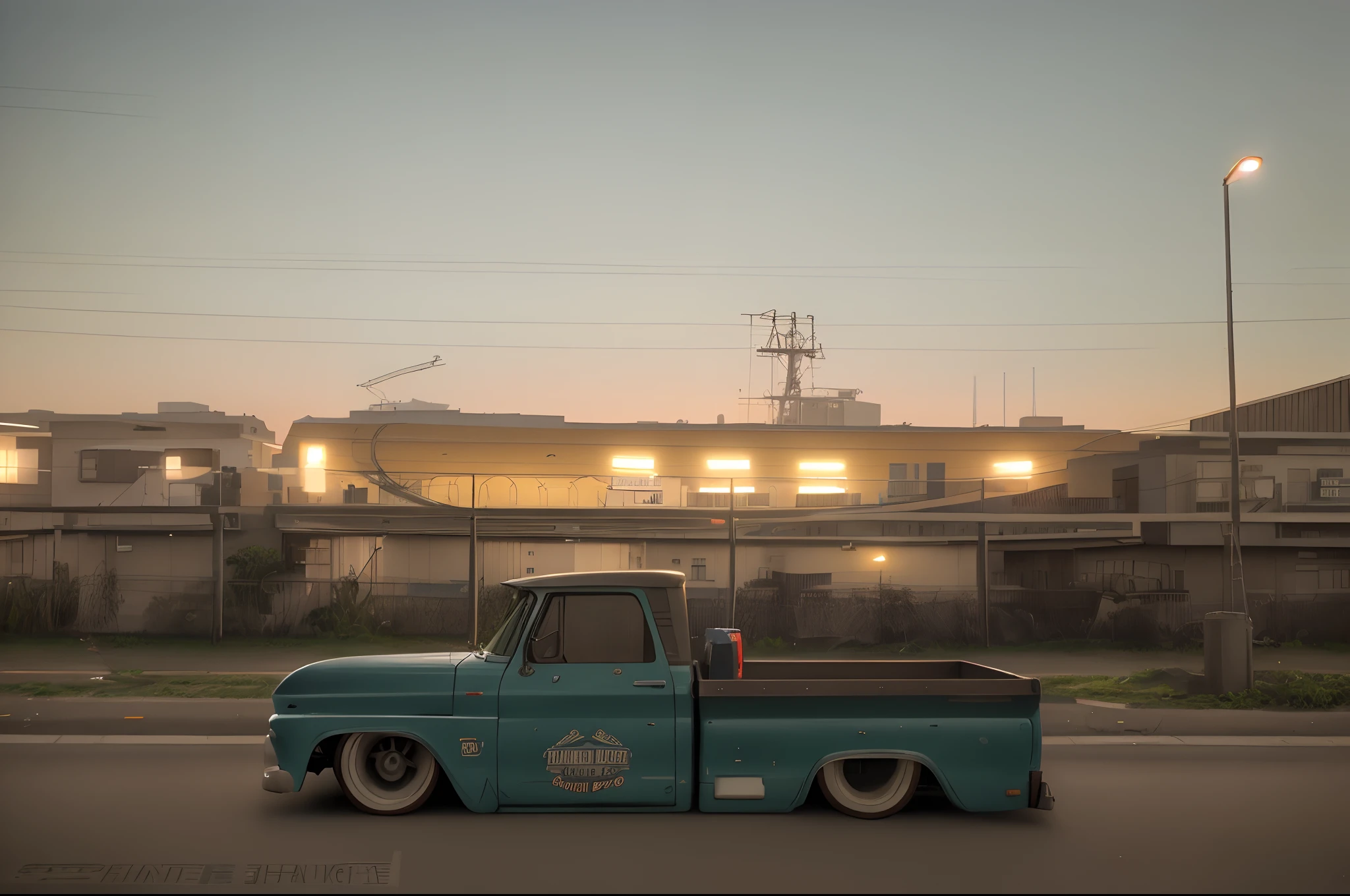 There is a truck that is parked on the street, Greg Rutkowski - C 1 0, insanamente detalhado c 10.0, vehicle photography, vista lateral, Directed by: Antoine Wiertz, Directed by: Lucas Vorsterman, vibrante - c 10, Directed by: Gavin Nolan, Tiro na Hora de Ouro, vista das ruas, estilo lowrider, Directed by: Sebastian Spreng
