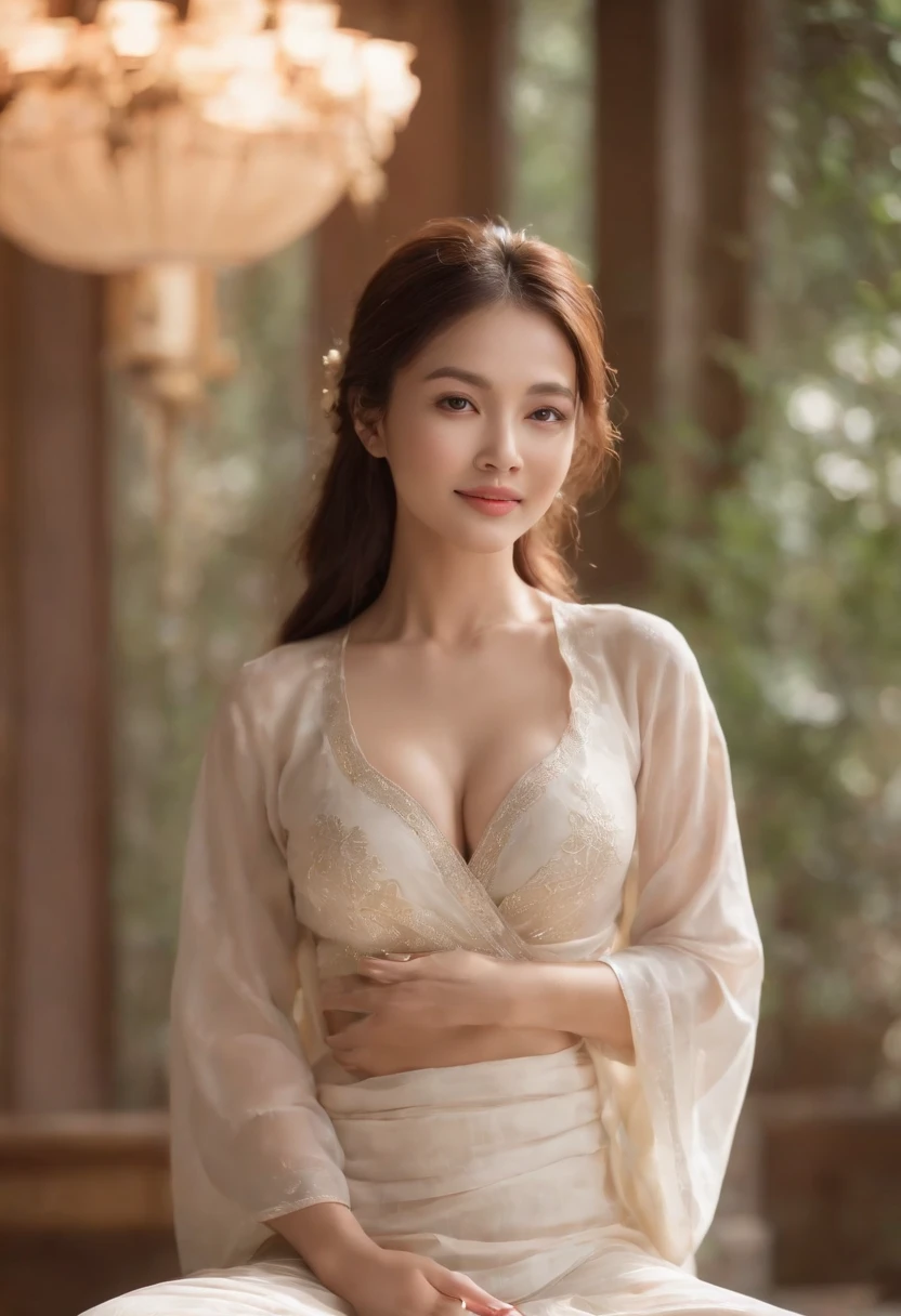 Sexy tantric concubines，the breasts are large，With a mother's smile, Detailed face, Wear white transparent clothes，Sit cross-legged on a warm lotus seat and meditate, Bright room.Ceremonial candles can be found everywhere, Symbolizes peace and relaxation. The background is a natural and active painting、Quotes for inner happiness and prosperity, Particles of Light