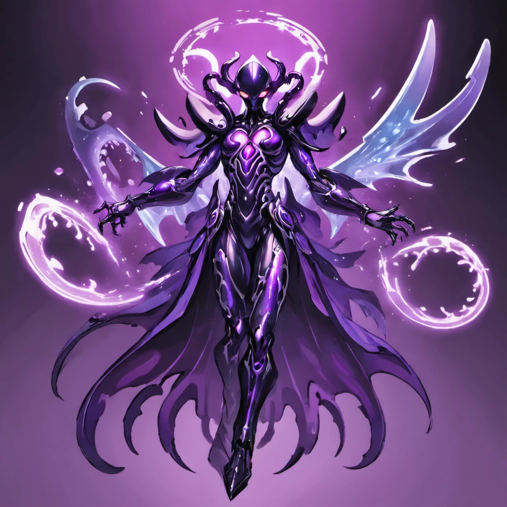 Mind Flayer, ebony black with silver mecha armor with purple blades and purple stones, ebony black tentacles, white angel wings, icy, masterpiece, best quality