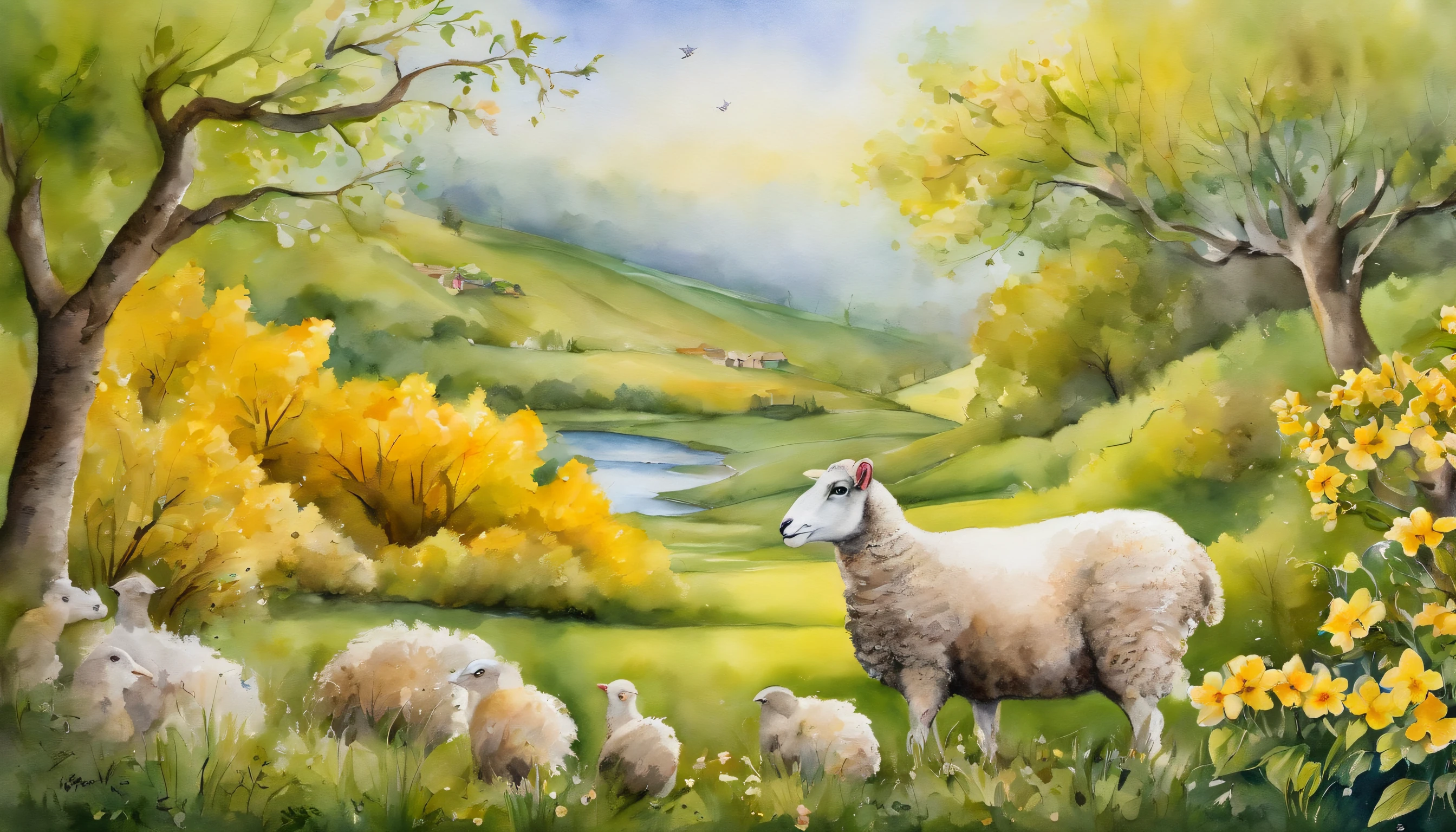 NATURE, sheep, dove, squirrels, landscape, yellow jasmine in full bloom, with vibrant petals and delicate green leaves.