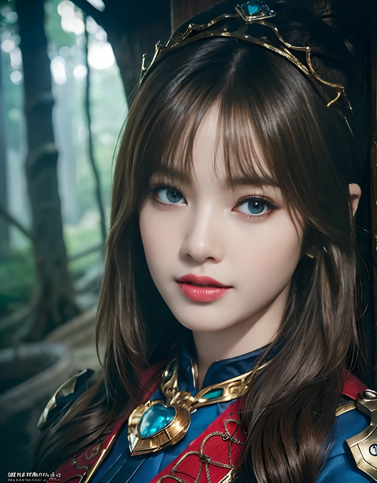 (1 Mechanical Girl)、top-quality、​masterpiece、超A high resolution、(Wearing a crown made of jewels),(Photorealsitic:1.4)、Raw photo、女の子1人、Golden hair、glowy skin、(((1 Mechanical Girl)))、（Realistic dragon background）、（White Dragon Armor）、With a beautiful knife、（Blue Metal Bodysuit）、(beautiful forest background)、Precipitous cliffs、(Small LED)、((super realistic details))、portlate、globalillumination、Shadow、octan render、（One-Eyed Scouter）、With a laser knife、There are goblins、8K、ultrasharp、Colossal tits、Raw skin is exposed in cleavage、metals、Details of complex ornaments、Japan details、highly intricate detail、Realistic light、CGSoation Trends、Red Eyes、radiant eyes、Facing the camera、neon details、(Mechanical limbs)、(blood vessels connected to tubes)、Mechanical vertebrae attached to the back、mechanical cervical attaching to neck、(Wires and cables connecting to the head)、Gundam、Small LED、,Mechanical thighs、Toostock、（Hands are also made of machines）、