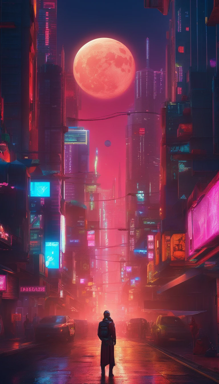 themoon、Cyberpunk city、Sky Moon、Detailed lunar surface，Lanterns，High quality 8K，photographrealistic