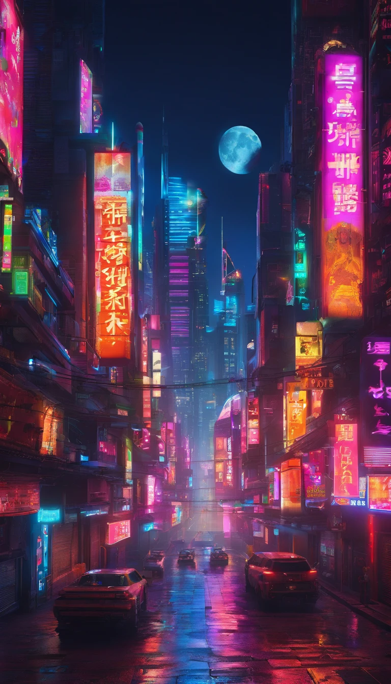 themoon、Cyberpunk city、Sky Moon、Detailed lunar surface，Lanterns，High quality 8K，photographrealistic