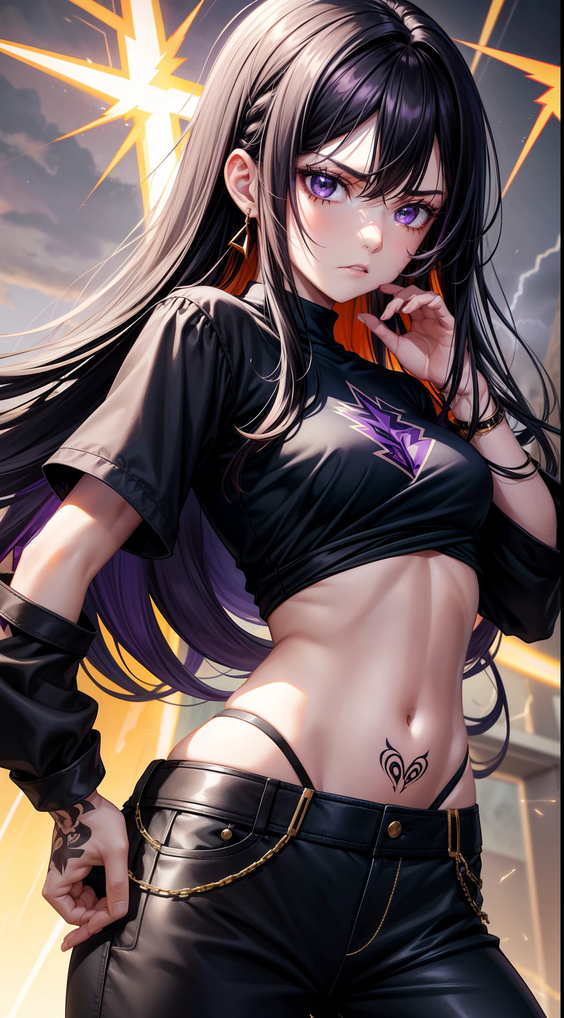 young girl, Long black hair, Black Eyes, purple tight top, baggy pants, Gold patterns, Tatoo, anger, lightning bolts, Masterpiece, hiquality, 4k, HD, Good detail
