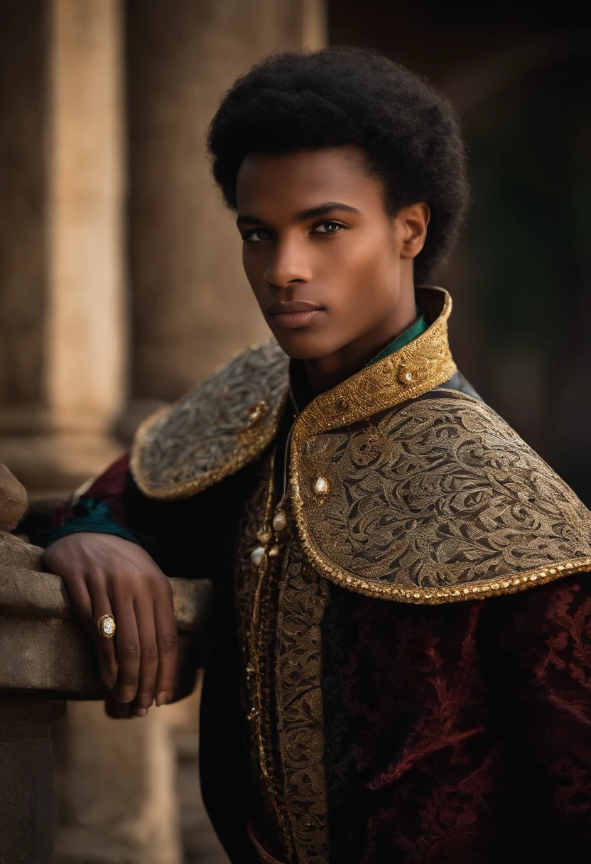 Crie um personagem jovem de 20 anos, negro, olhos dourados, com vestes nobres medievais e segurando um cetro brilhante, that conveys the feeling of nobility and power with a firm and confident gaze. (PT Prompt)