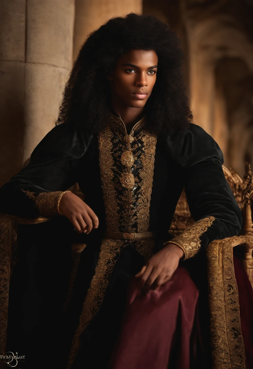 Crie um personagem jovem de 20 anos, negro, olhos dourados, com vestes nobres medievais e segurando um cetro brilhante, that conveys the feeling of nobility and power with a firm and confident gaze. (PT Prompt)