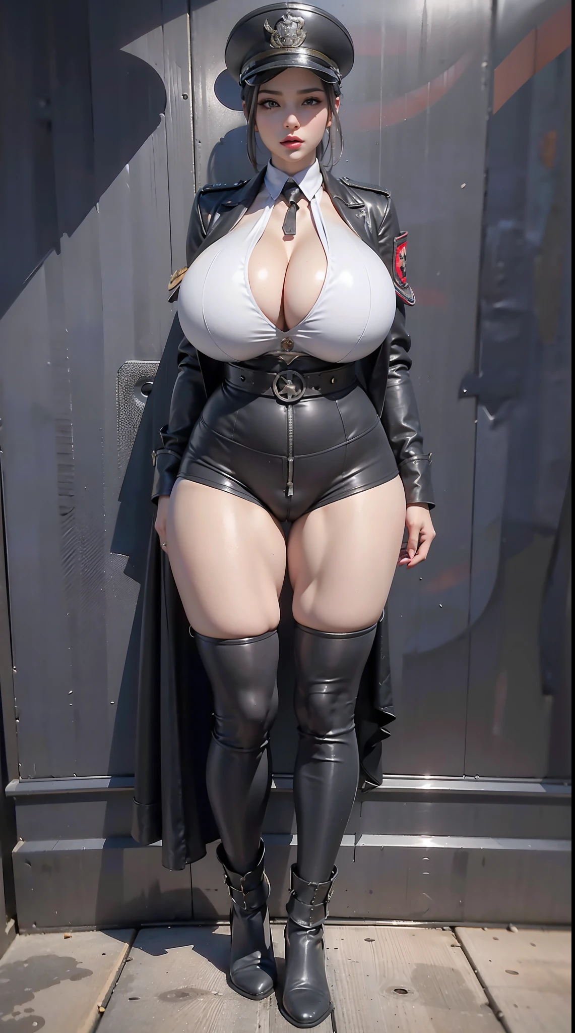 physically-based rendering, 1girl, Female soldier, (huge fake breasts:1.3), sexy muscular body, slim waist, (big buttocks:1.2), (Full body:1.5), skintight army suit, black military uniform.