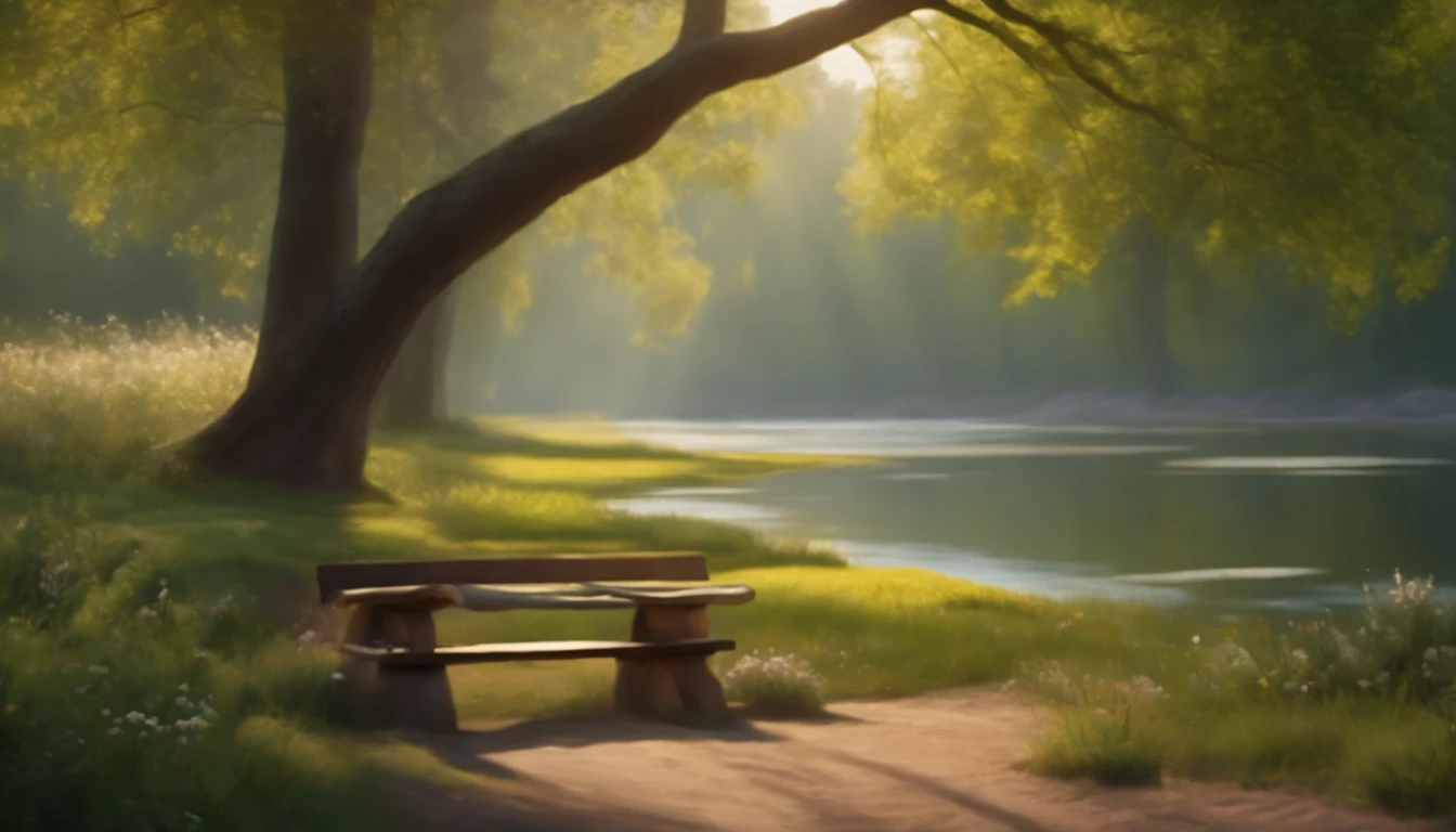 (best quality,4k,8k,highres,masterpiece:1.2),ultra-detailed,(realistic,photorealistic,photo-realistic:1.37),a serene landscape scenery,a peaceful atmosphere,a calm and tranquil setting,a beautifully detailed painting,a picturesque view,a breathtaking natural landscape,green rolling hills,an enchanting forest with tall trees,dappled sunlight filtering through the leaves,a gentle breeze blowing through the grass,a clear blue sky with fluffy white clouds,crystal clear water in a nearby stream,a wooden bench under a shady tree for people to sit and contemplate,a colorful array of wildflowers in full bloom, chirping birds and singing cicadas, a sense of harmony and tranquility,painting in oil medium,soft and natural color palette,subtle brushstrokes,harmonious composition,impressionistic style,immersive colors and textures,sublime beauty,natural lighting,subtle shadows that create depth and dimension,a sense of serenity and peace,an invitation to connect with nature and find inner peace.