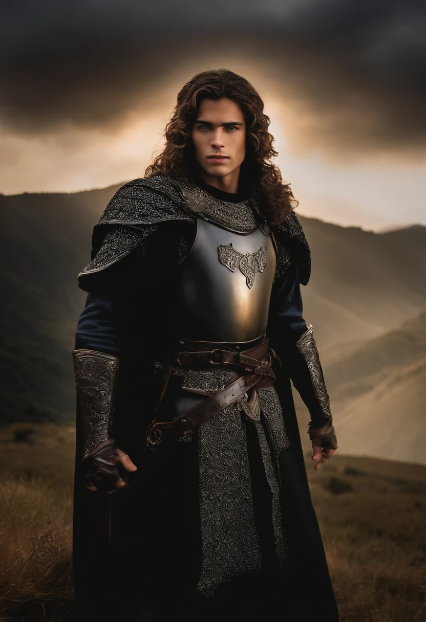 Crie um personagem jovem de 20 anos, preto, olhos dourados, com vestes nobres medievais e segurando um cetro brilhante, que transmite o sentimento de nobreza e poder com um olhar firme e confiante. (PT Prompt)