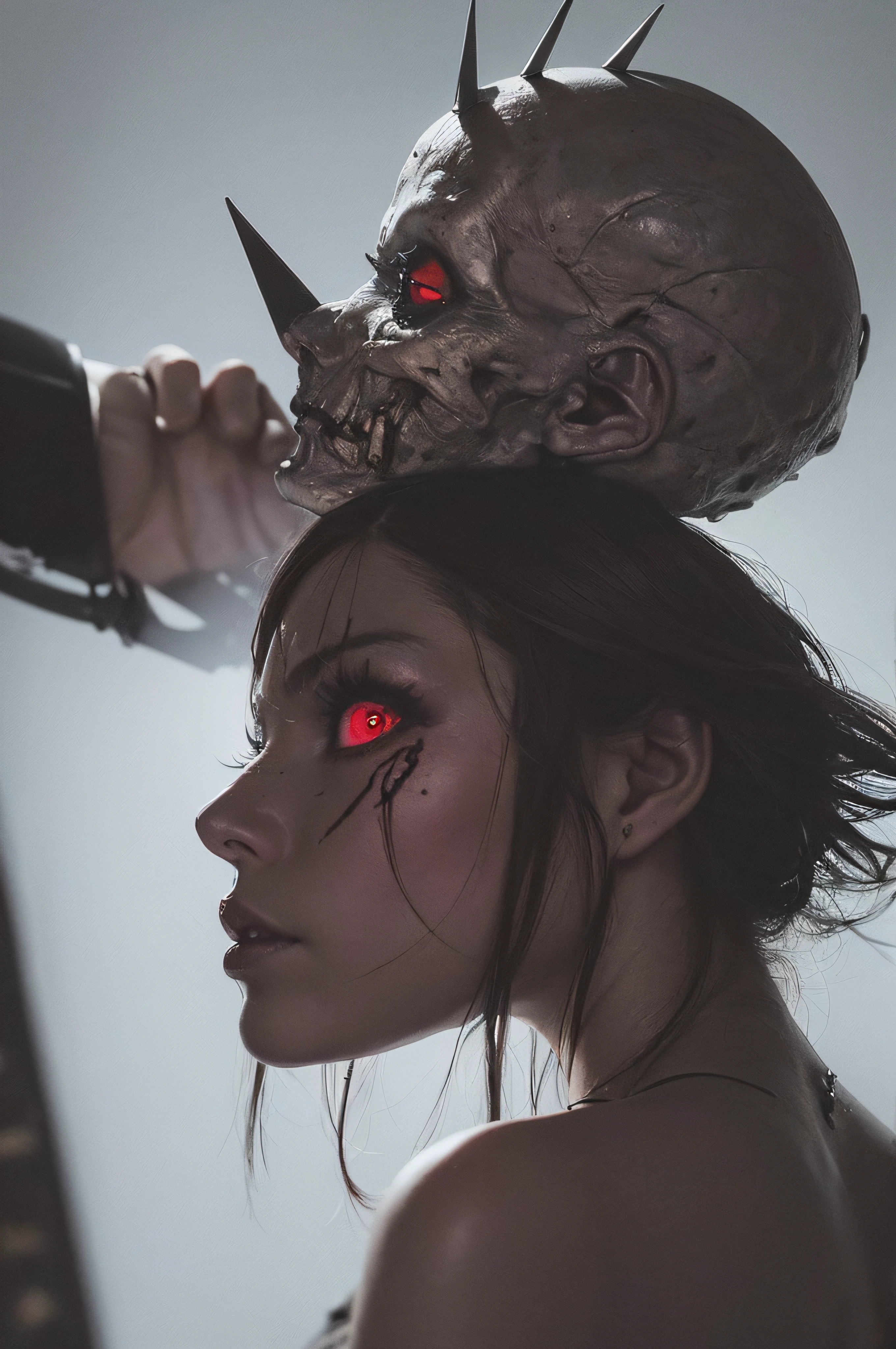 "(The best lighting, oscuro, dramatic),(Mujer alien, Hellraiser, triste, Cicatrices, , sexy, cerebro, sangre, una rata dentro de la cabeza, terror.),(ojos rojos, calaveras). morning light.