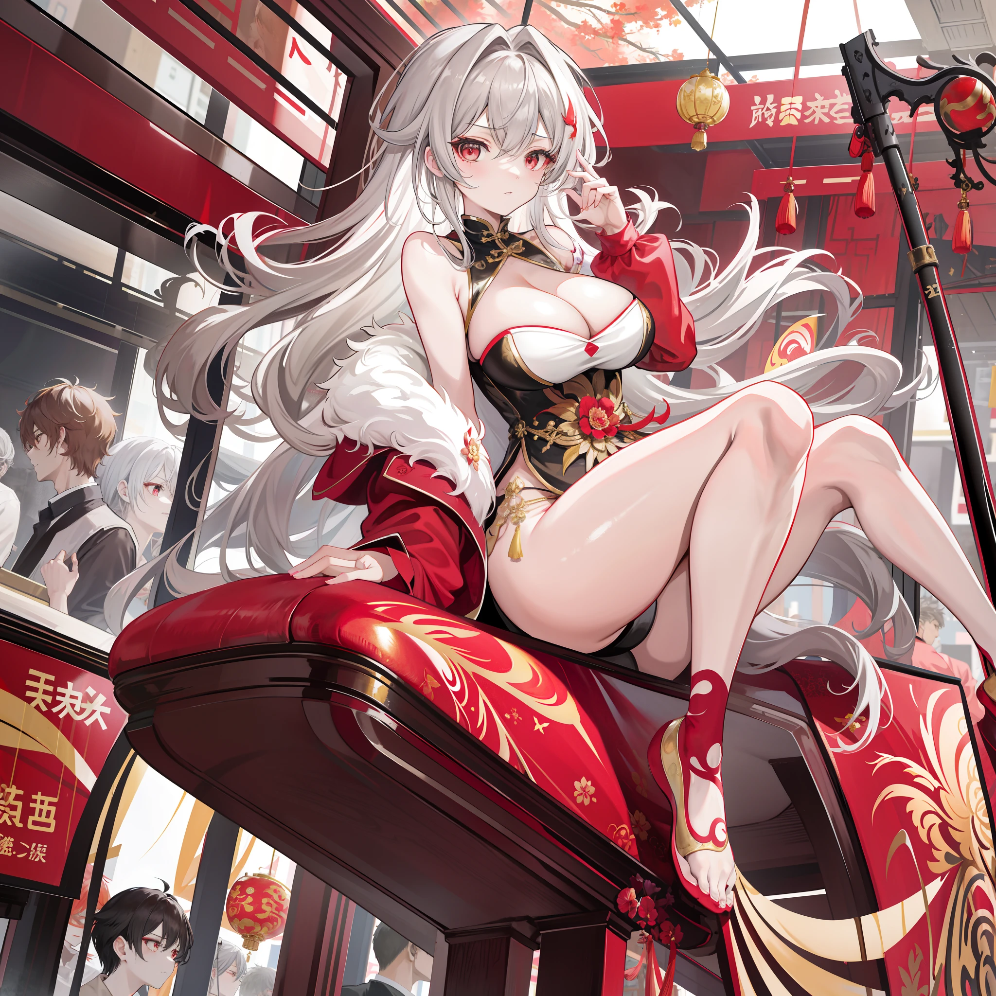 Masterpiece, Best quality,   Gold and red theme,  Suzaku fairy, Delicate messy gray hair, Big eyes,gigantic cleavage breasts，Avenue evolution，mistic，Chinese style，Squeeze into crowded buses，debilitated，（crowed：2），Tomboyish