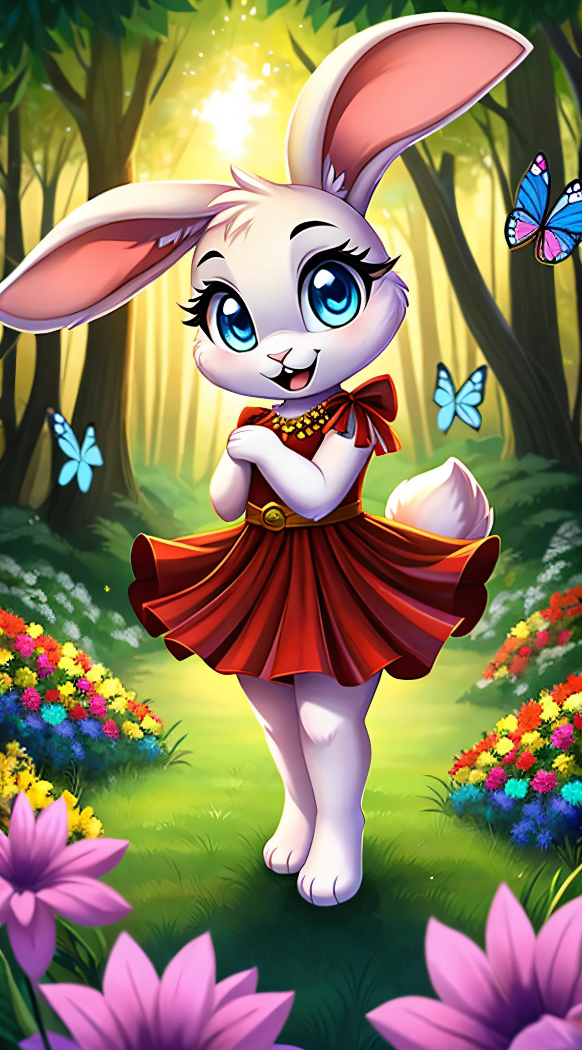 zoomed out image, fantasy style art, cute, adorable, short, tiny, little fluffy female white bunny with blue eyes, 2 extra ears, 4 ears, big floppy ears, long ears, ears perked up, raised ears, long eyelashes, poofy rabbit tail, smiling, standing on two hind feet, standing in a forest, wearing a red frilly dress, big expressive smile, open mouth, wide eyes, excited eyes, excited face, stunning visuals, sunlight coming through the trees, colorful flowers scattered in the bushes, colorful butterflies flying around, digital illustration