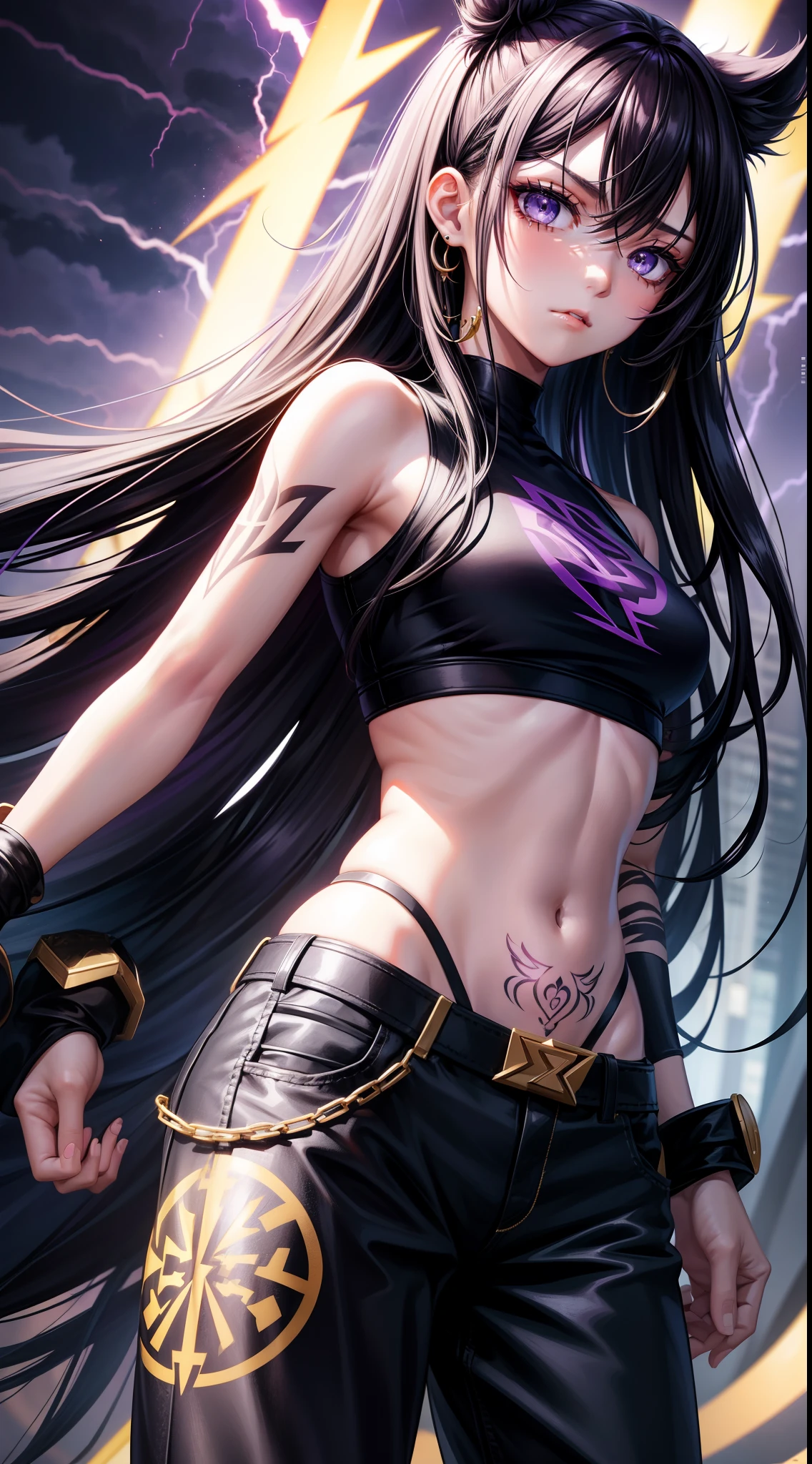 young girl, Long black hair, Black Eyes, purple tight top, baggy pants, Gold patterns, Tatoo, anger, lightning bolts, Masterpiece, hiquality, 4k, HD, Good detail