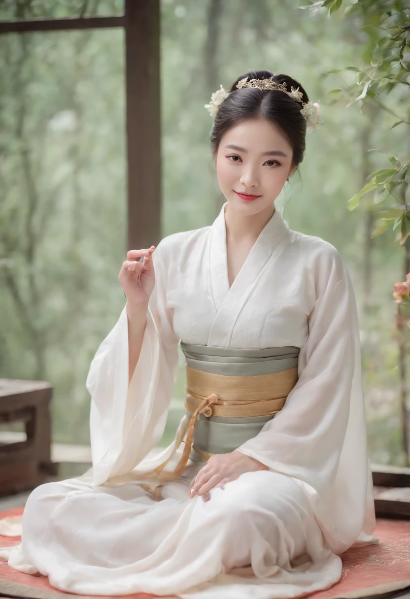 Sexy Hanfu concubine,the breasts are large,With a mother's smile, Detailed face, Wear white transparent clothes,Sit cross-legged on a warm lotus seat and meditate, Bright room.Ceremonial candles can be found everywhere, Symbolizes peace and relaxation. The background is a natural and active painting、Quotes of inner happiness and prosperity, Particles of Light