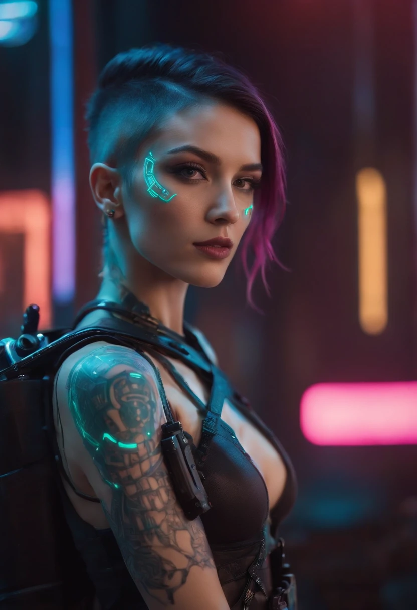 Designer de imagem "Cyberpunk & Realistic". Futuristic depiction of a perfectly tattooed woman with high-tech mechanical prosthetics. Embrace the cyberpunk aesthetic with neon lights and bright tattoos, maintaining the realistic portrayal of its features. "The lighting" Dynamic neon lighting with natural light sources to highlight cyberpunk tattoos and prosthetics, mantendo sombras e destaques realistas. "Camera positioning" Off-center and close-up camera positioning, Capturing dynamic pose to show off cyberpunk tattoos and high-tech prosthetics in detail. "Paleta de cores" Cyberpunk-inspired color palette with neon tones like electric blue, rosa fluorescente, e verde brilhante, complemented by realistic skin tones and metallic details for representation of advanced technology.