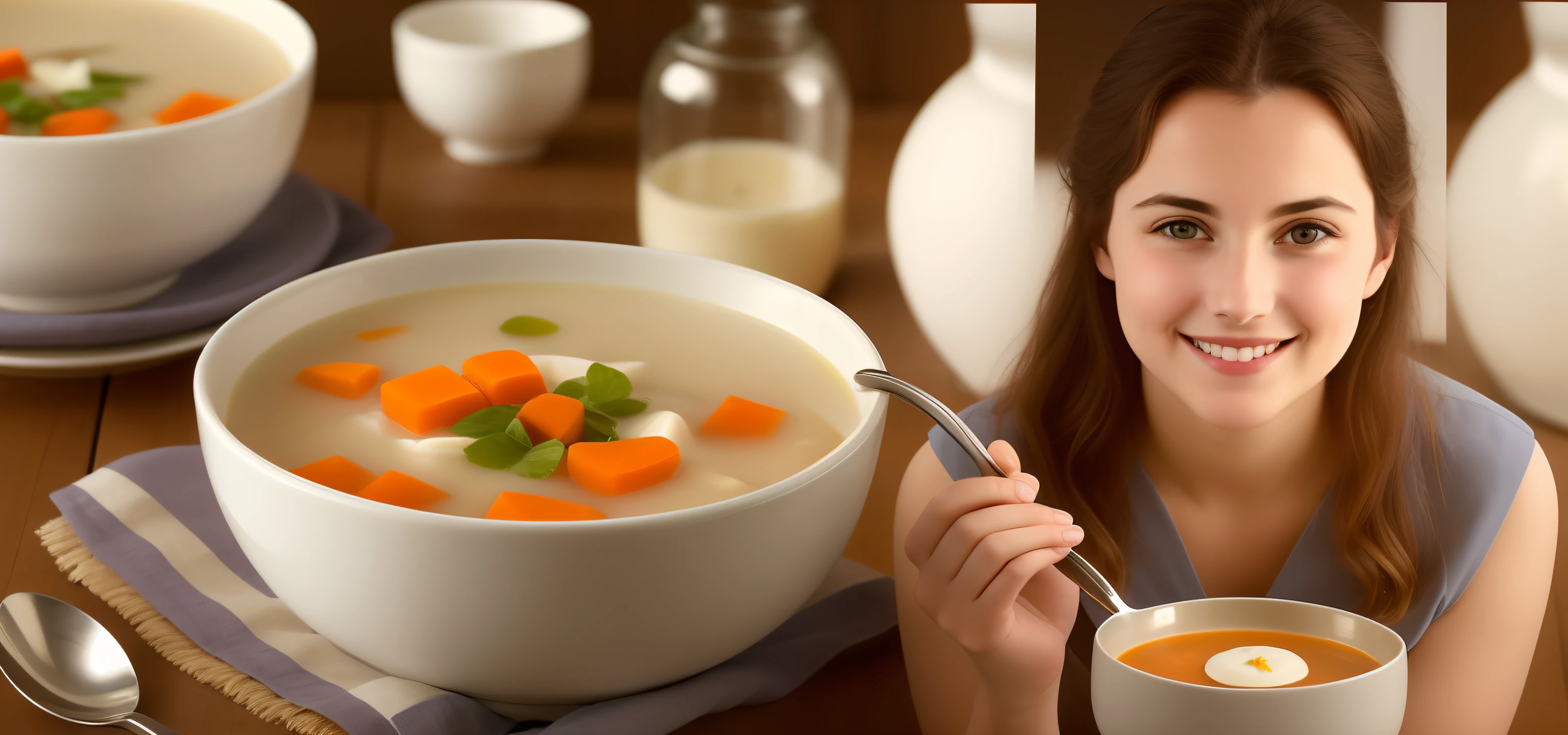 smiling woman holding a spoon and bowl of soup with a bowl of soup in front of her, soup, closeup photograph, good soup, photo still, inspired by Albert Anker, photo taken with provia, photograph, beauty shot, wide portrait, portrait shot, promo image, high quality photos, closeup shot, still photograph, close up photograph, full color still