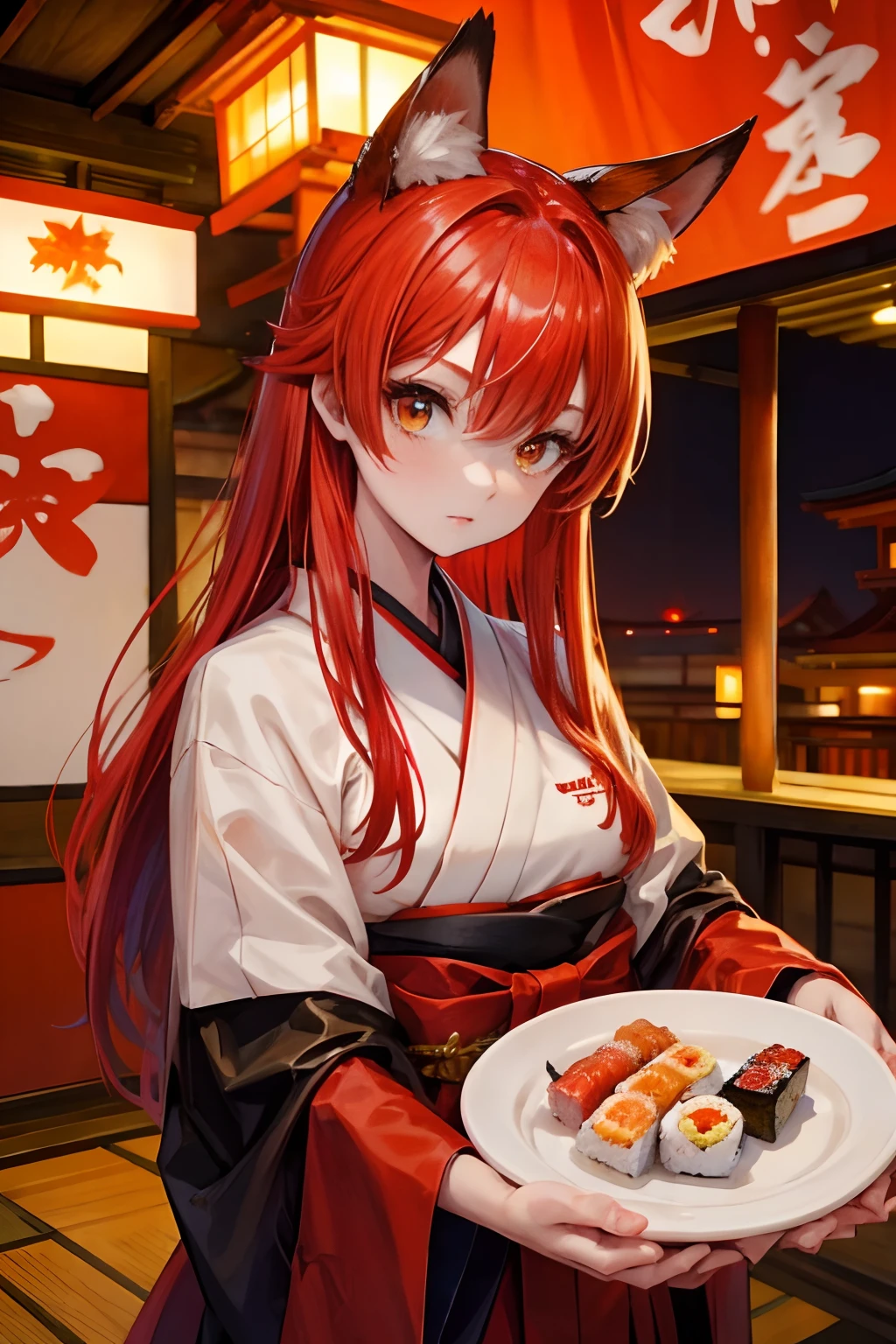 red tinted hair,Red fox ears,Golden eyes,sushi restaurant,komono,Japanese costumes,Japan architecture