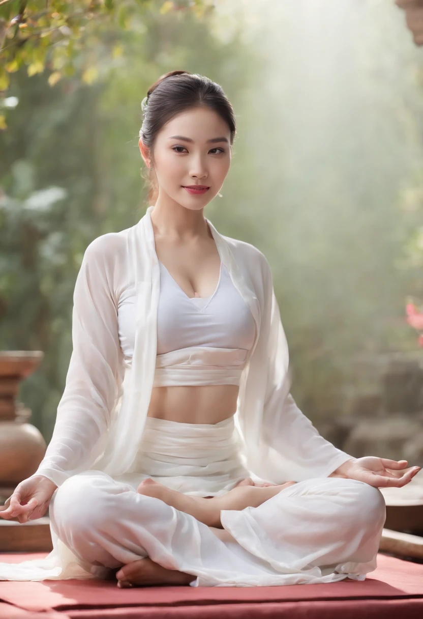 Sexy tantric concubines，the breasts are large，With a mother's smile, Detailed face, Wear white transparent clothes，Sit cross-legged on a warm lotus seat and meditate, Bright room.Ceremonial candles can be found everywhere, Symbolizes peace and relaxation. The background is a natural and active painting、Quotes for inner happiness and prosperity, Particles of Light