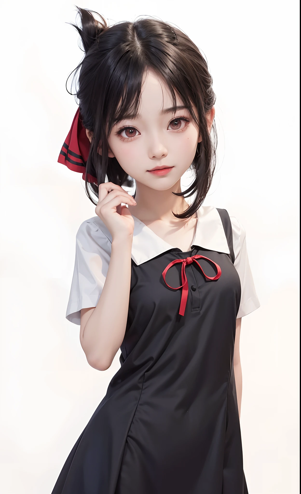 shinomiya kaguya, 1girl, shuuchiin academy uniform, dress, red ribbon, ribbon, solo, gradient background, gradient, folded ponytail, school uniform, black dress, flying sweatdrops, black hair, smile, summer uniform, bangs, red eyes, eyebrows visible through hair, blush, parted bangs, hair ribbon, collarbone, breasts, looking at viewer, collared dress, short sleeves, sleeveless dress, sleeveless, sidelocks, closed mouth, hand up