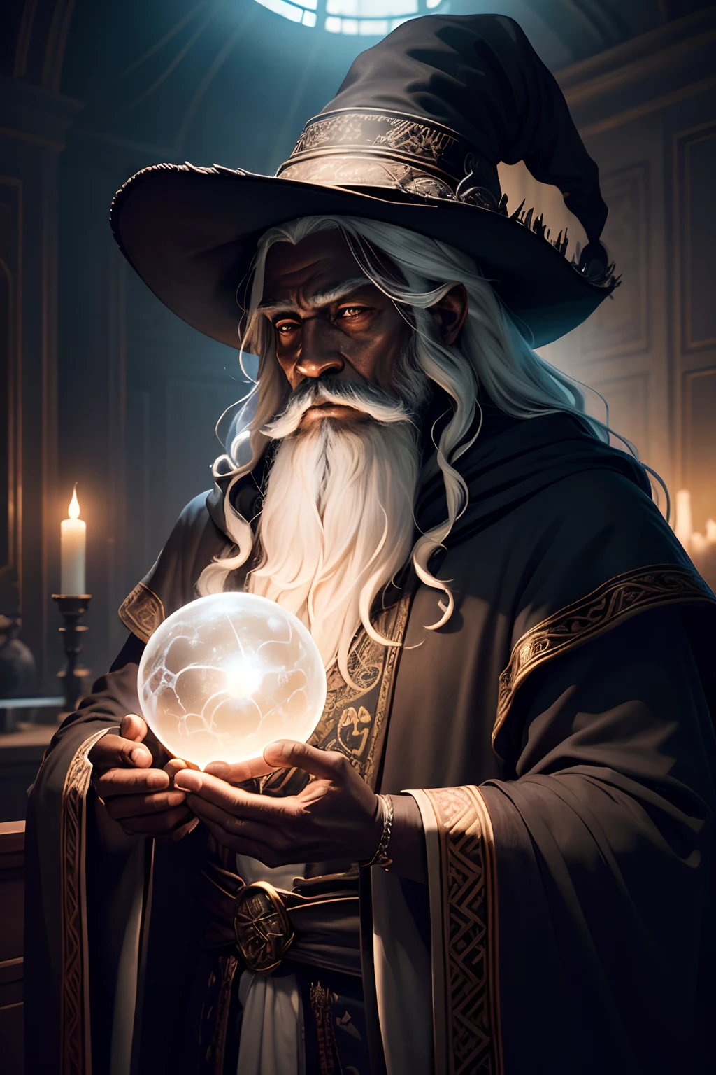 (Masterpiece: 1.2), (Best Quality), Detailed, UHD, Cinematic Lighting, Sharp Focus, (illustration: 1.1), Intricate, Old Wizard (black skin) (dark skin) (black skin color) with long white hair and beard, wearing a wizard's robe and hat, pondering a glowing orb, in a dimly lit room, magician's room, bright lights, flashing lights,