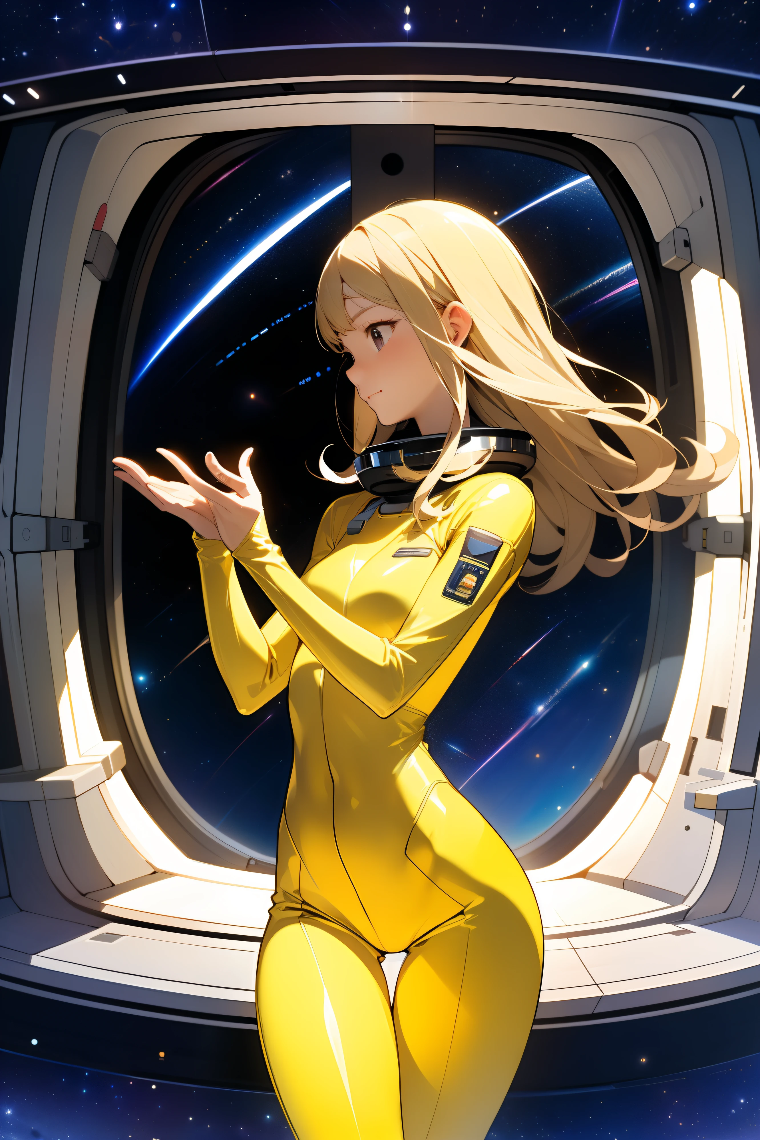 (masterpiece, best quality:1.2), (cowboy shot:1.1), solo, 1girl, mori yuki, slight smile, closed mouth, side view, looking at viewer, blonde hair, long hair, thigh gap, yellow bodysuit, skin-tight, perfect body, large window, (starship porthole:1.3), (spread legs:1.3), (standing:1.1), thigh gap, sensual pose, sideview, perfect hands, bright starship interior, (outer space view:1.1), (orbital view:1.3), (night, stary sky:1.5), milky way